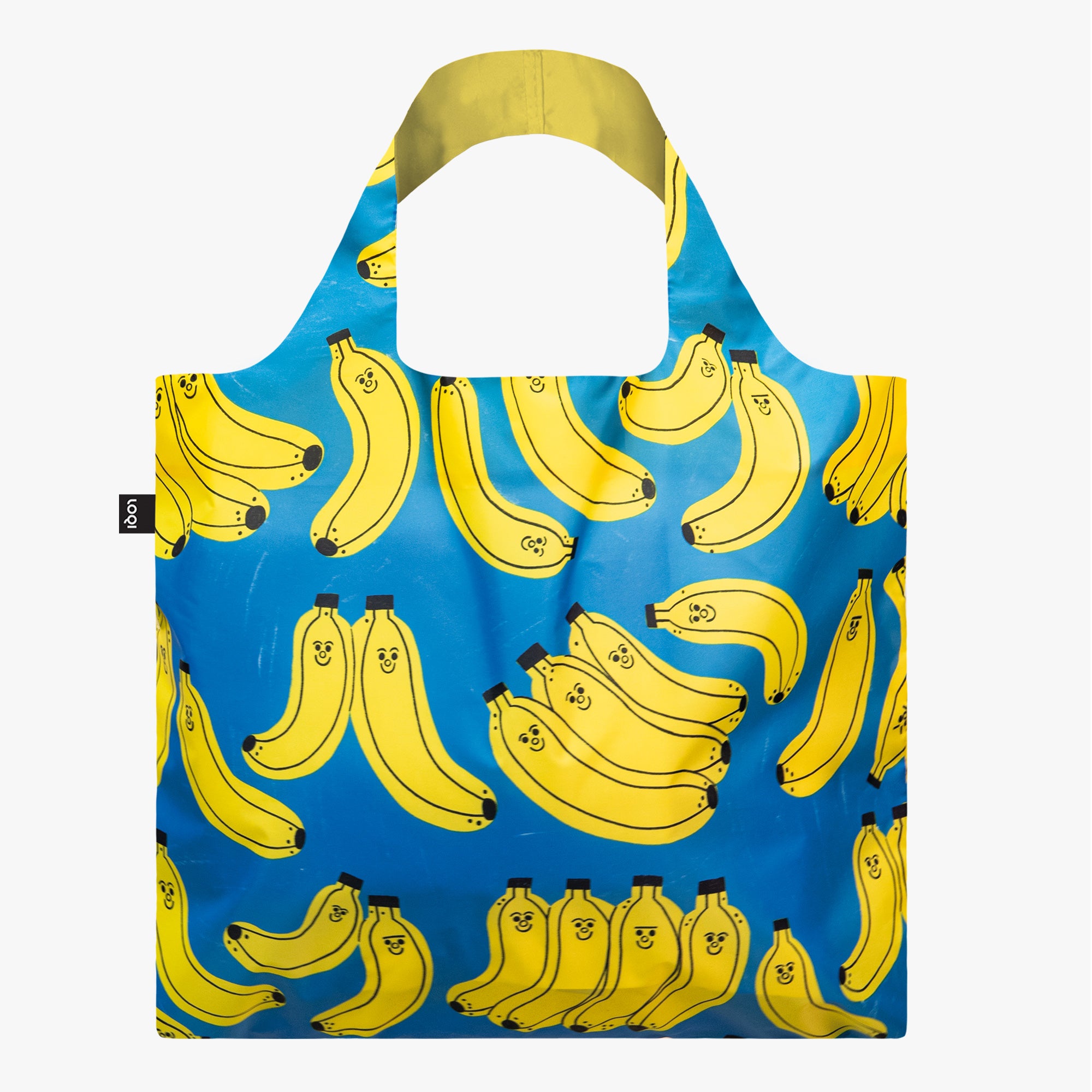 Torba podręczna z bananami na niebieskim tle z żółtymi bananami z uśmiechniętymi buziami