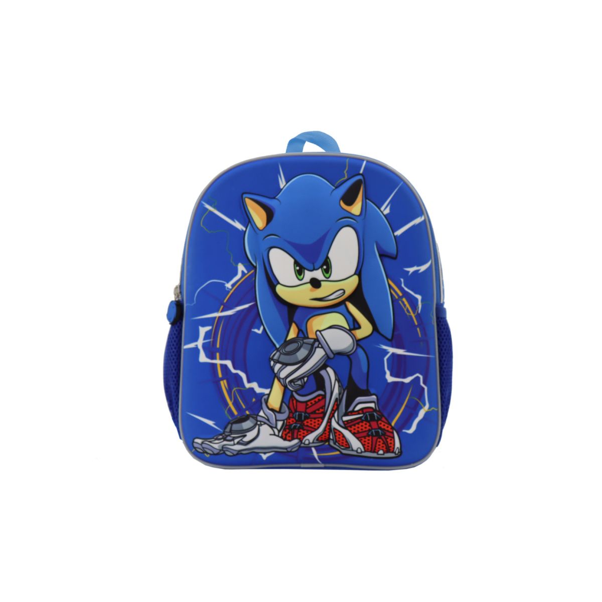 Niebieski plecak Sonic dla dzieci z wizerunkiem postaci Sonica i czerwonymi butami