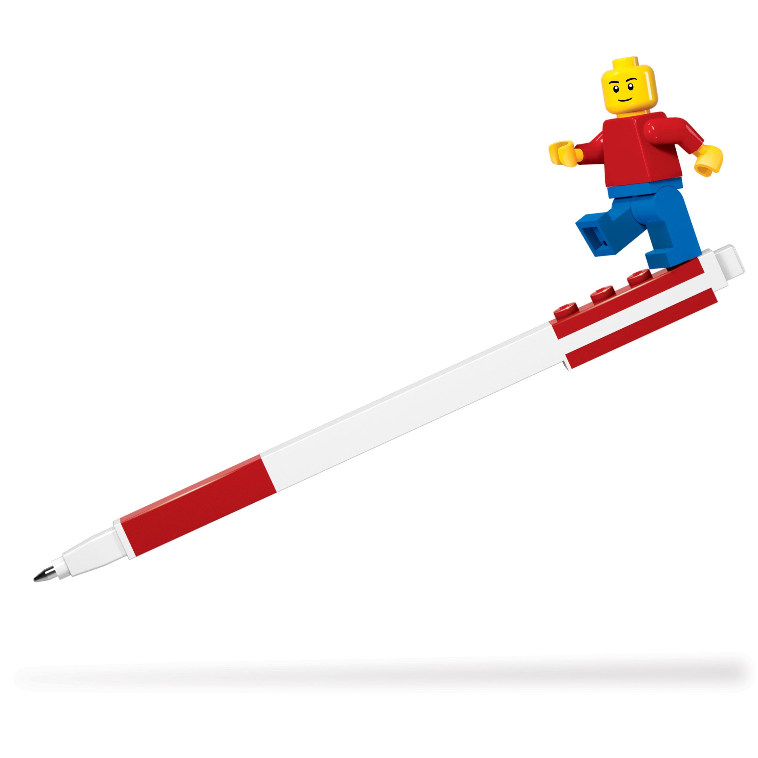 Czerwono-biały długopis żelowy LEGO z minifigurką mężczyzny w czerwonej koszulce i niebieskich spodniach