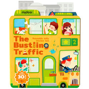 Żółta książeczka z żelowymi naklejkami wielorazowymi dla dzieci przedstawiająca autobus z postaciami