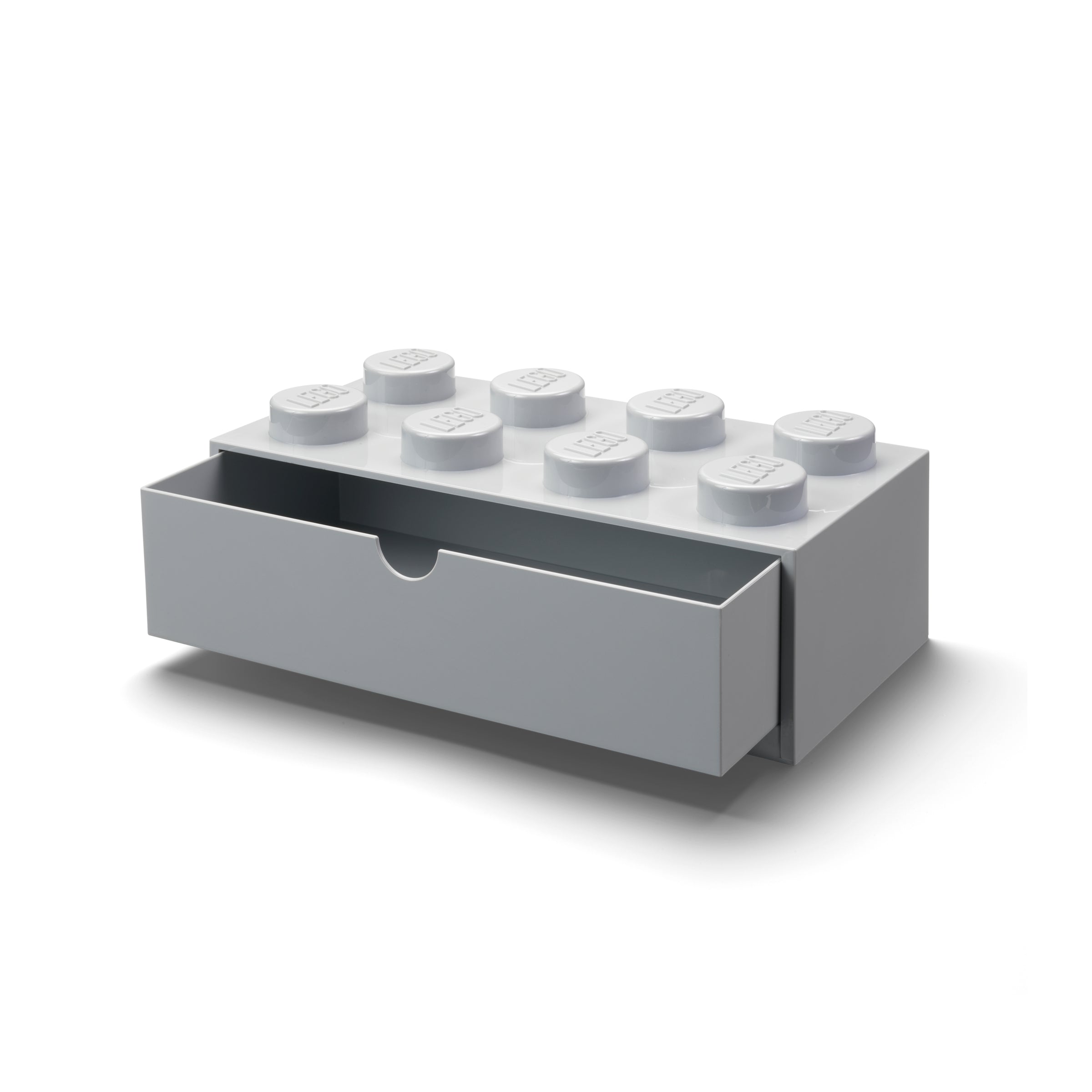 Szufladka LEGO na biurko w szarym kolorze z otwartą szufladą do przechowywania drobnych przedmiotów