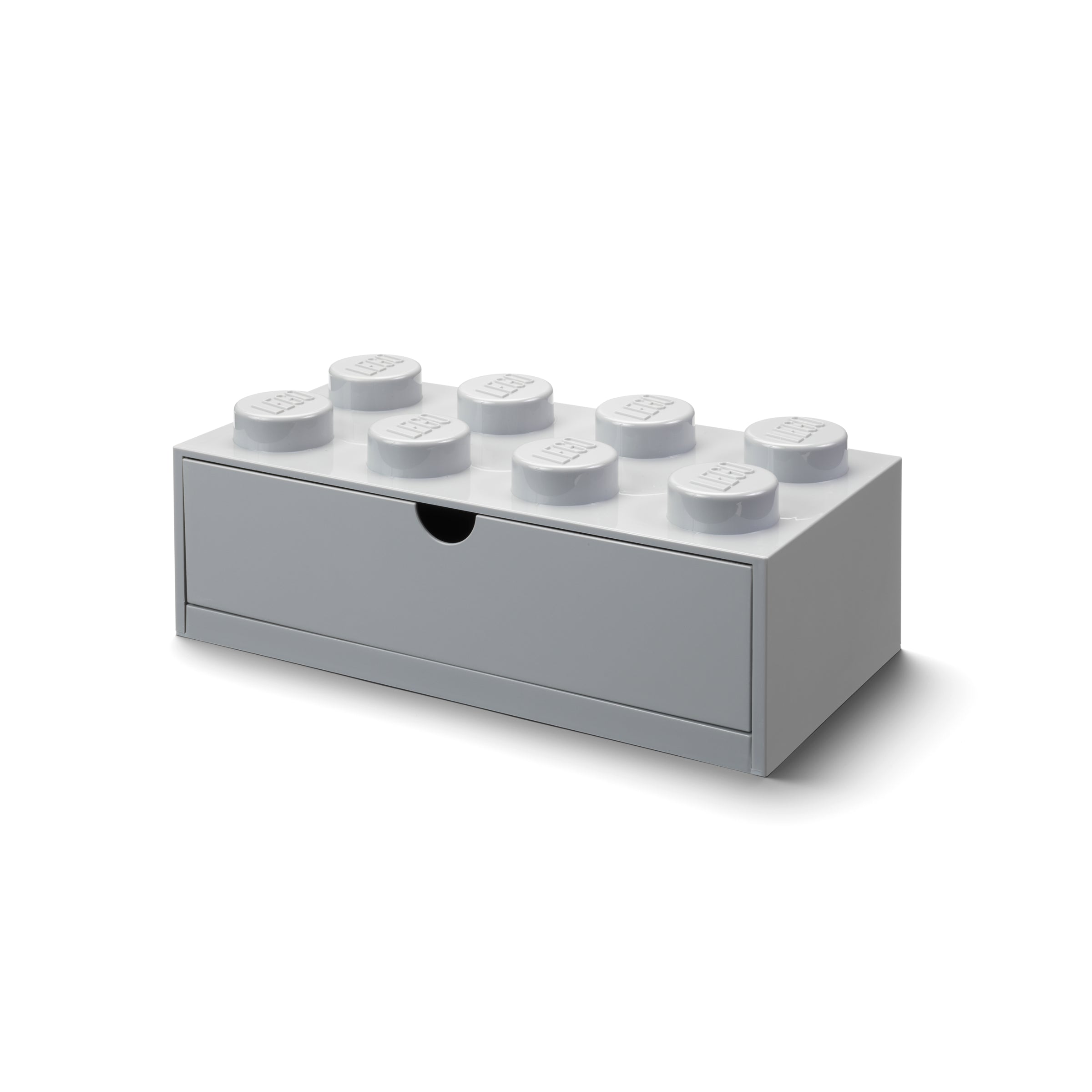Szara szufladka LEGO na biurko w kształcie klocka z ośmioma wypustkami