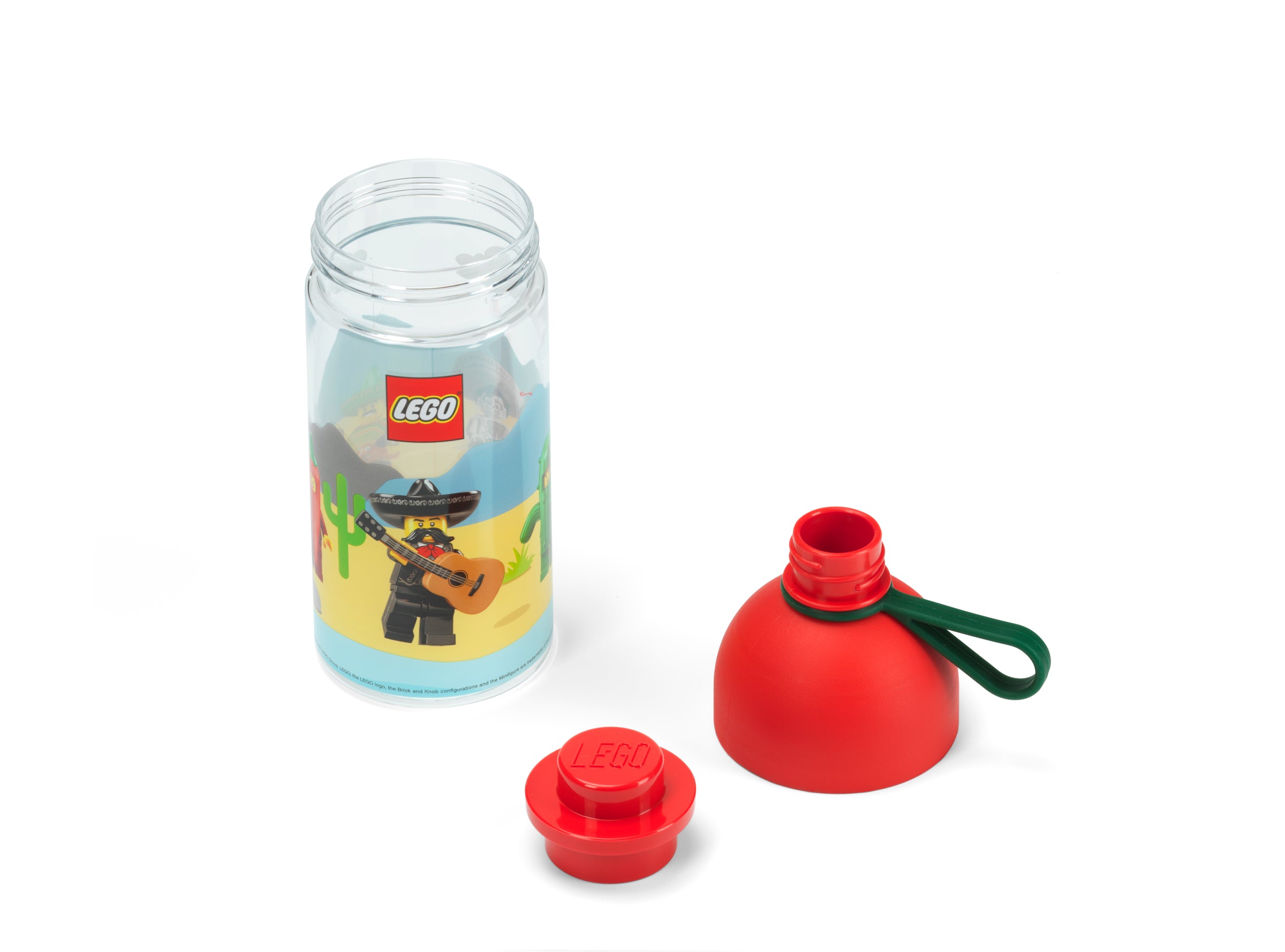 Przezroczysta butelka LEGO 500 ml z motywem kowboja i czerwonymi zakrętkami