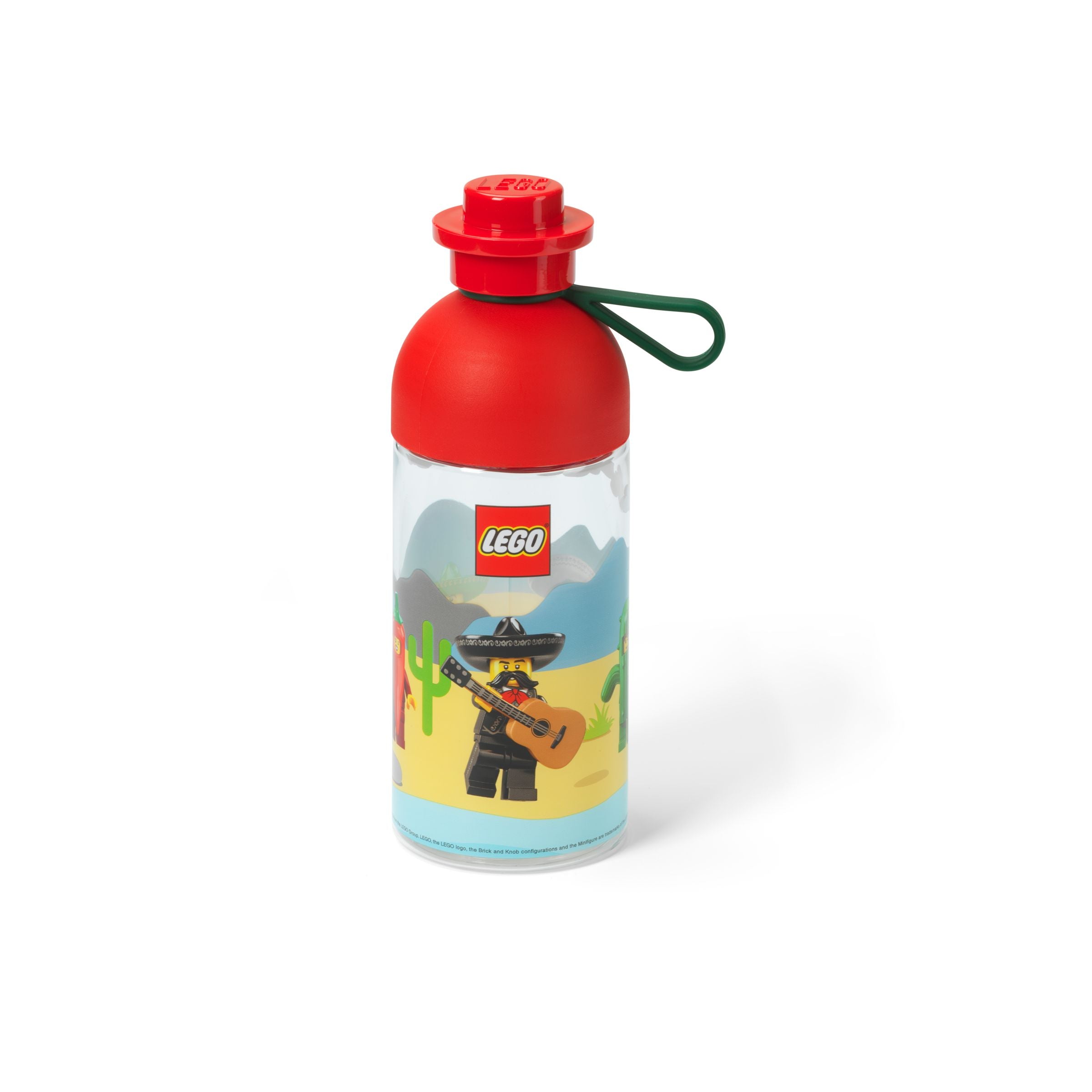 Przezroczysta butelka LEGO 500 ml z czerwonym korkiem i motywem muzyka w sombrero