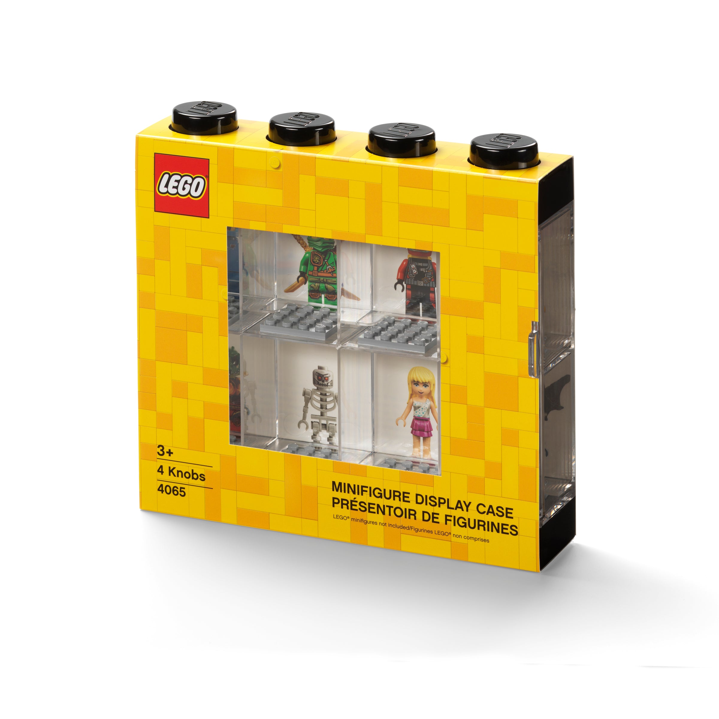 Żółta gablotka na minifigurki LEGO BV JACOB COMPANY z przezroczystym frontem i miejscem na cztery figury