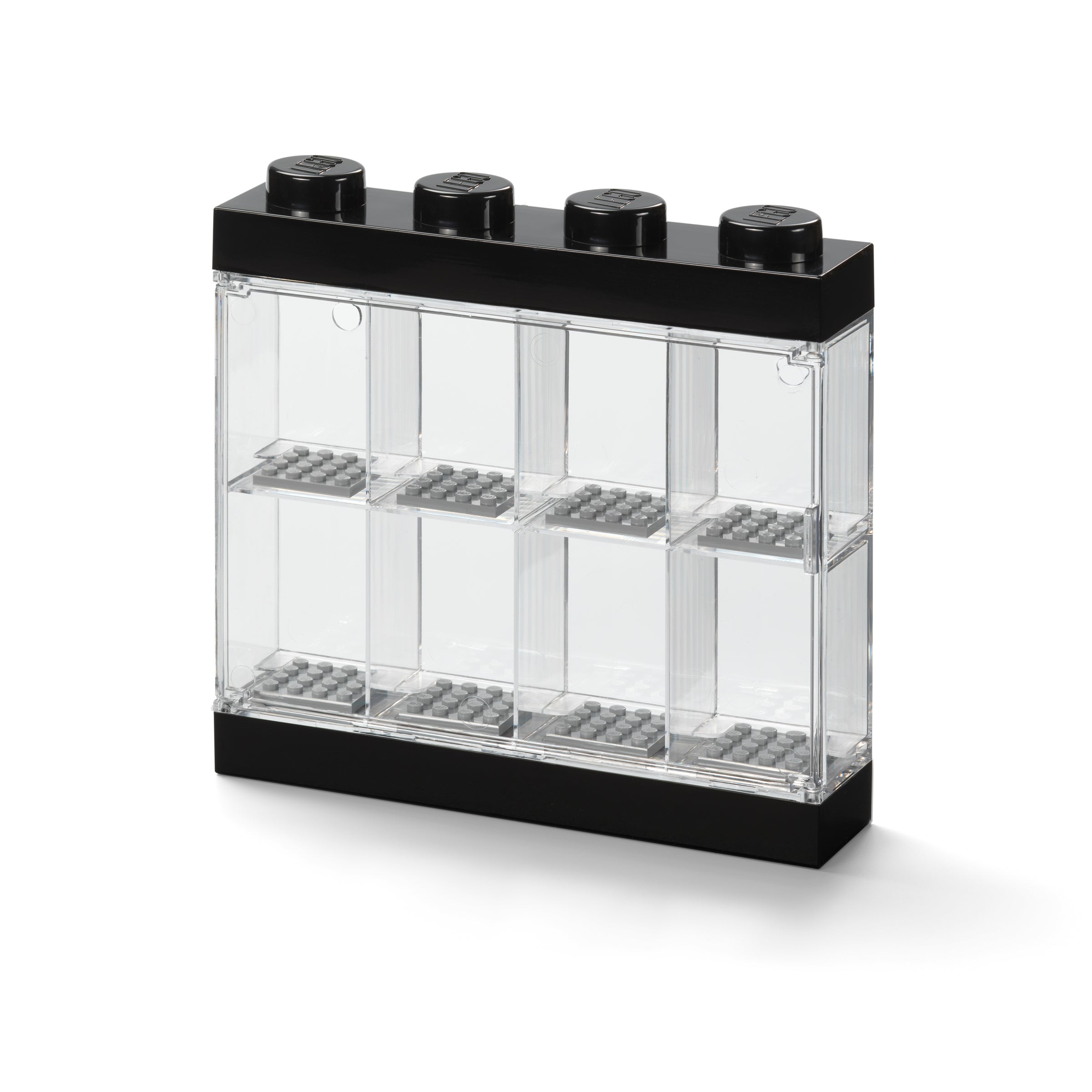 Przezroczysta gablotka na minifigurki LEGO z czarną podstawą i podziałkami na osiem figurek