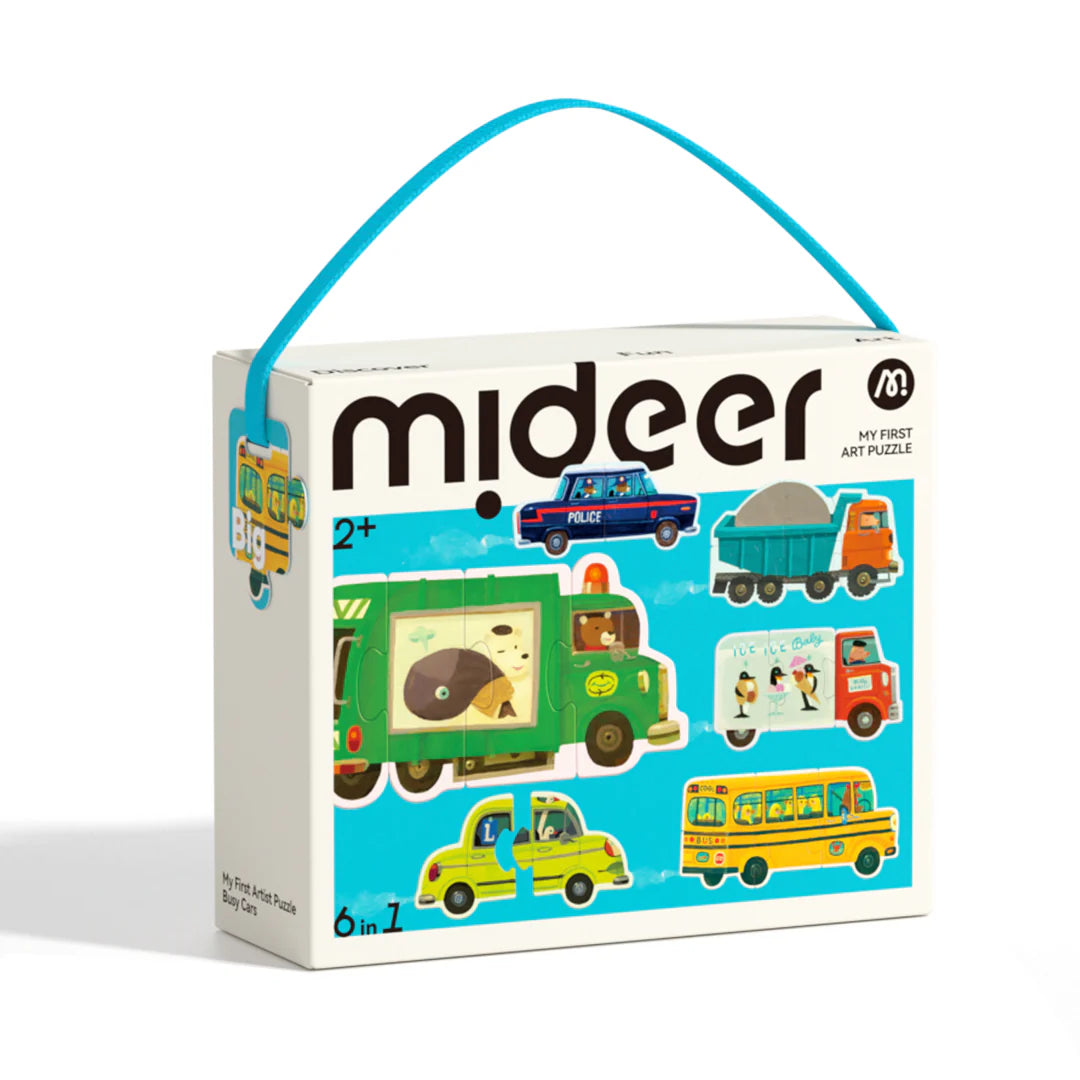 puzzle dla dzieci transport Mideer zestaw 6 w 1 z ilustracjami pojazdów komunikacji miejskiej