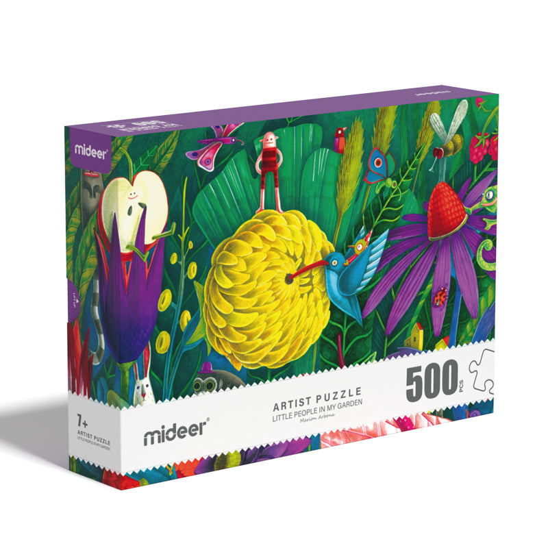 Puzzle artystyczne mideer ogrodowe ludki 500 elementów kolorowy obraz ogrodu z postaciami
