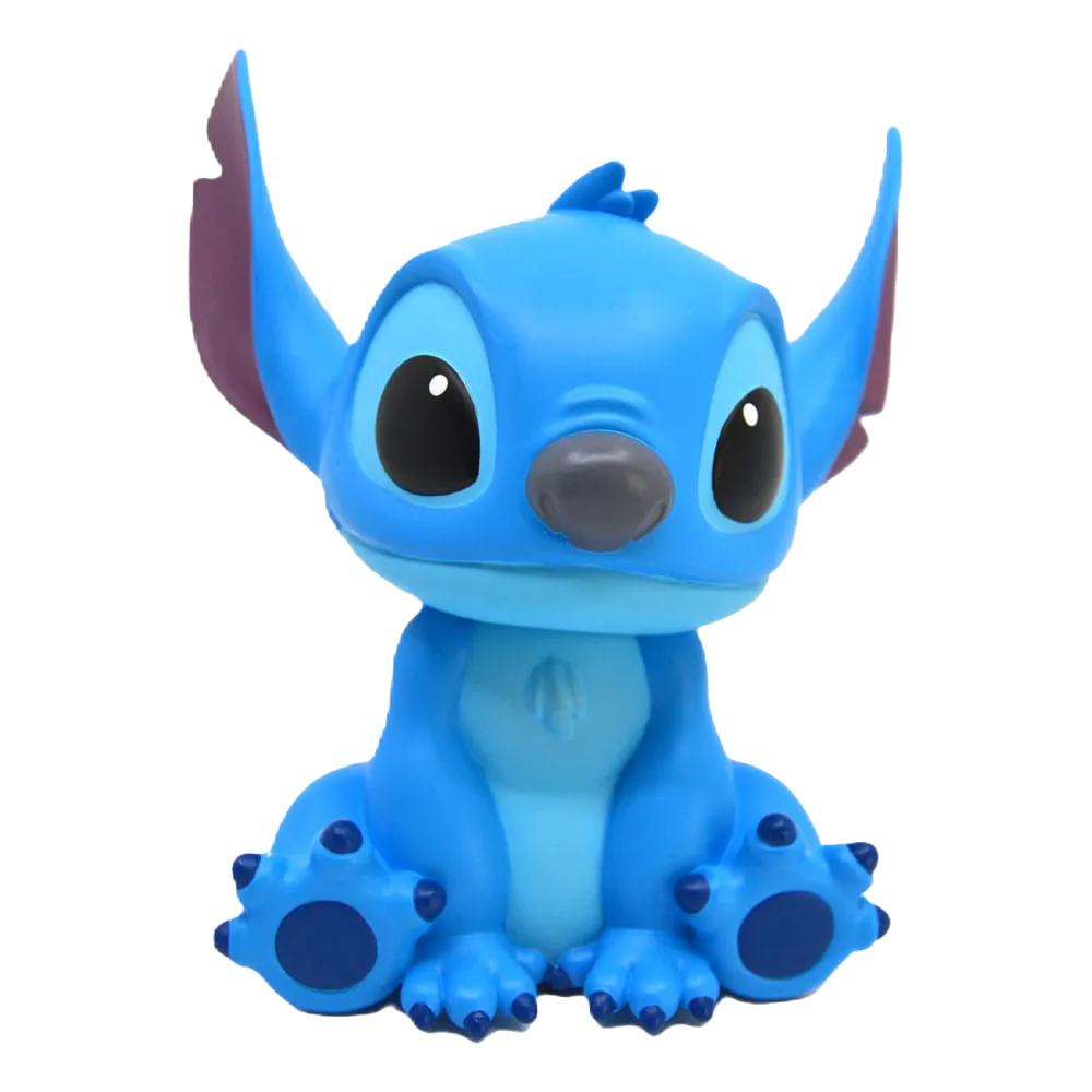 Niebieska skarbonka Stitch w kształcie postaci z kreskówki na czarnym tle