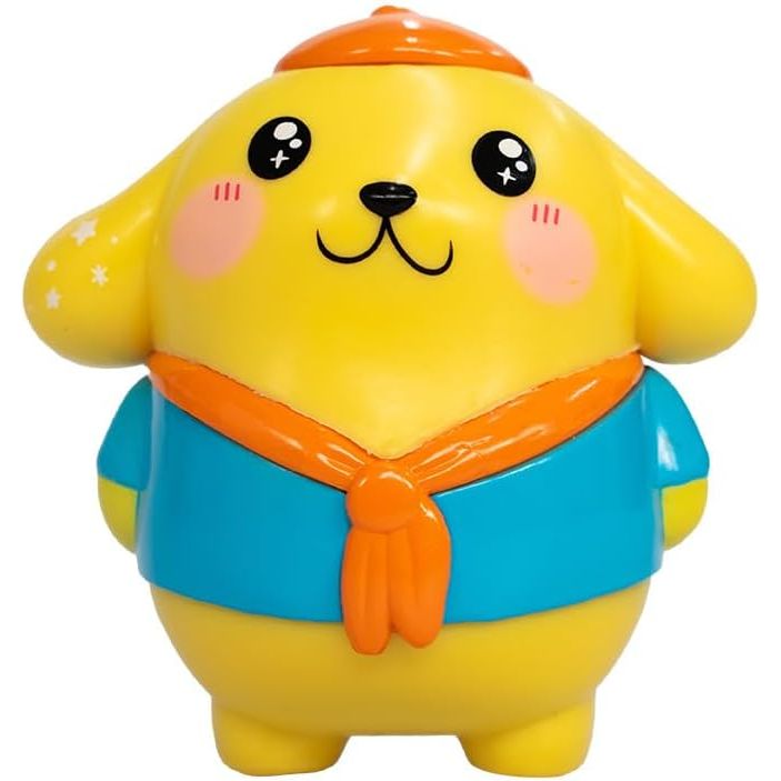 Hello Kitty Kawaii Style figure of a yellow puppy in a blue outfit and an orange scarf.
