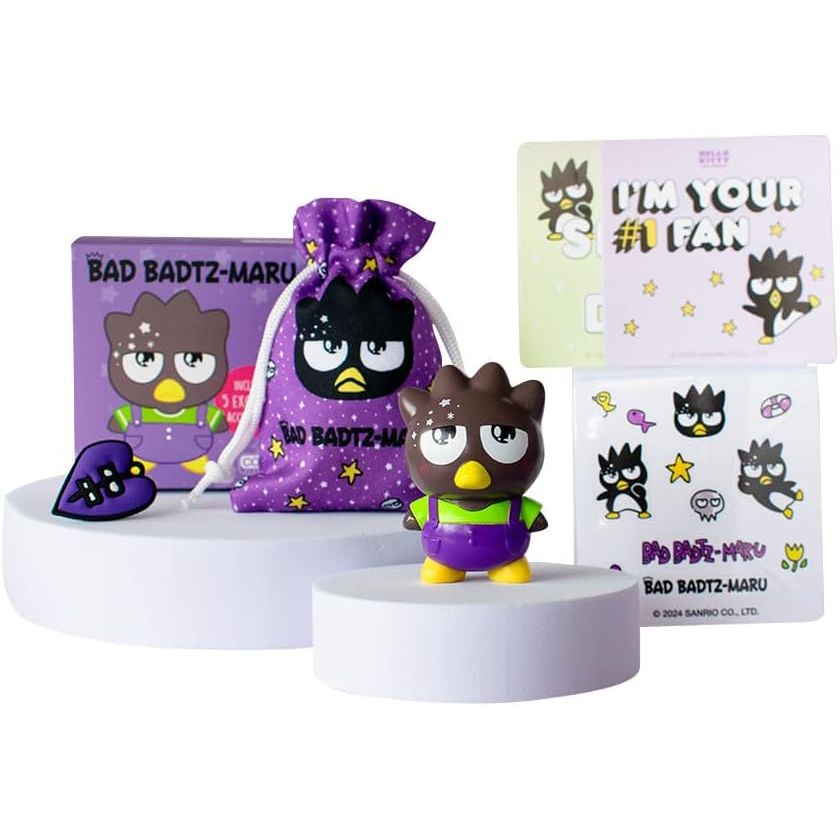 Badtz-Maru Hello Kitty figure in purple clothes with accessories and LOQI packaging