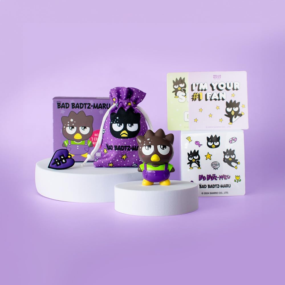 Badtz-Maru Hello Kitty figure with a purple pouch and stickers from LOQI on a purple background