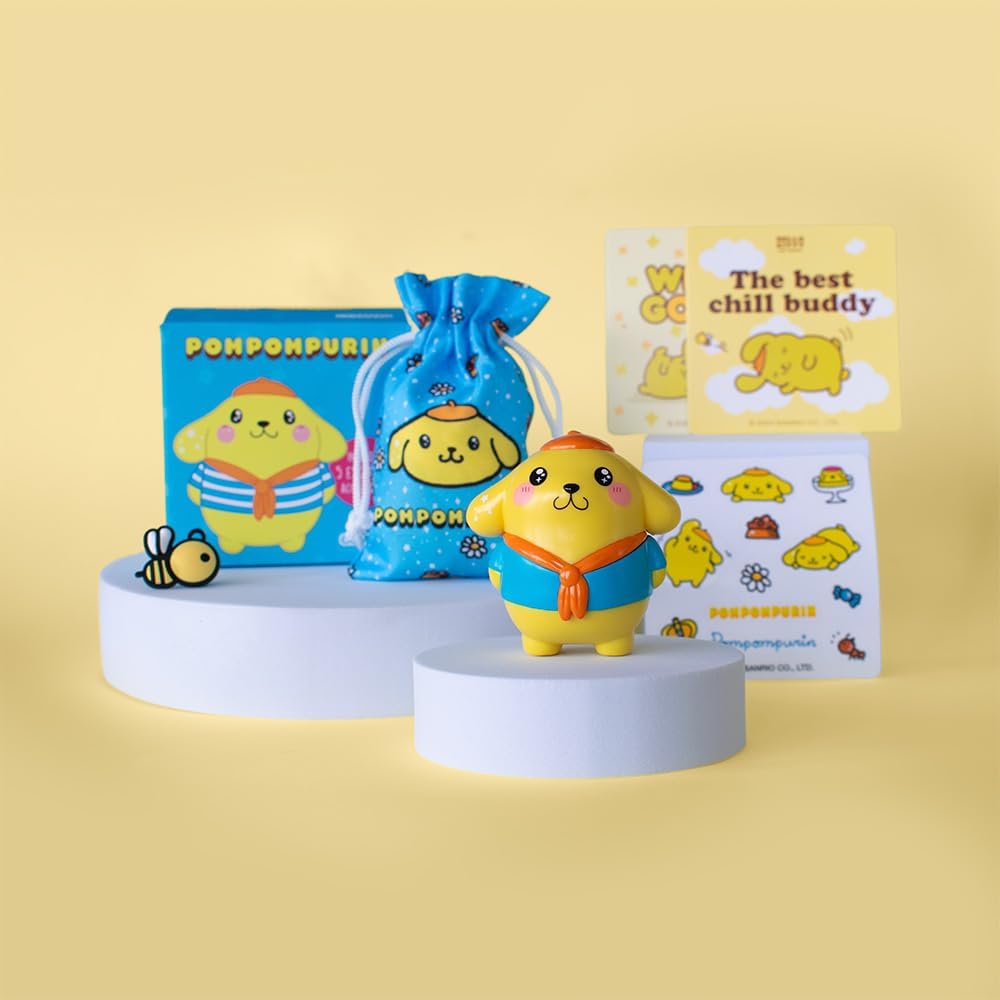 Hello Kitty Kawaii Style figure with a set of accessories and packaging on a yellow background.