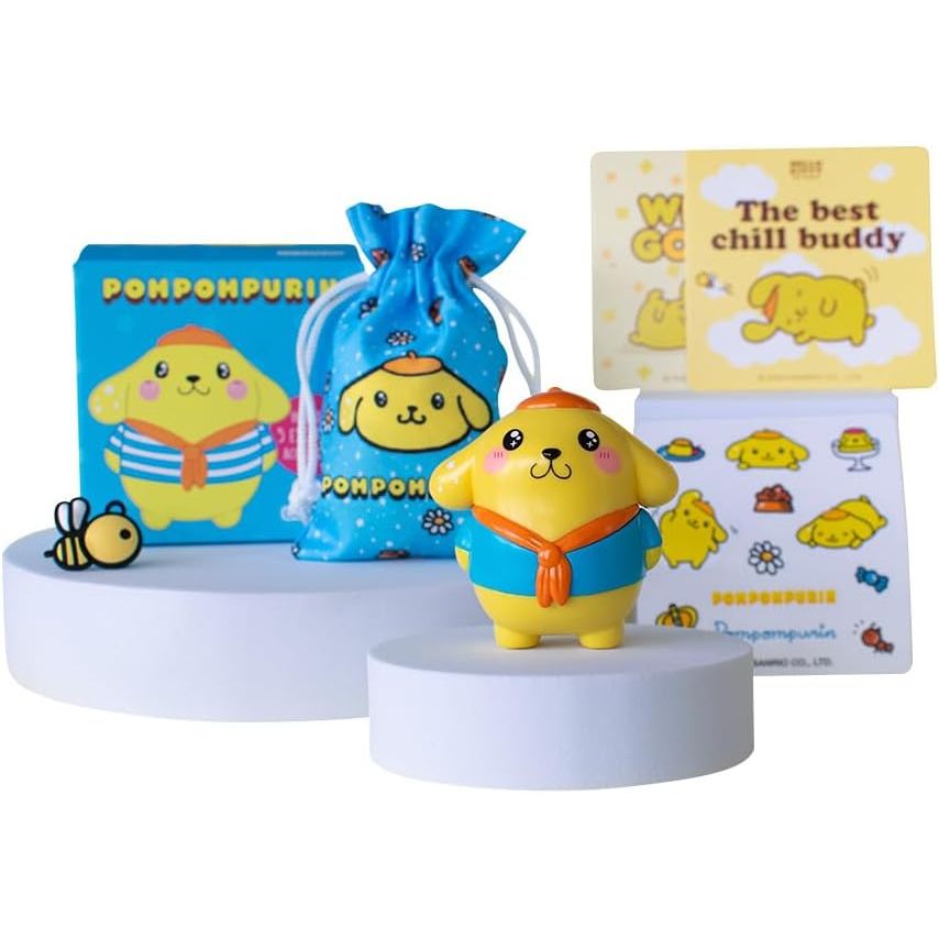 Hello Kitty Kawaii Style figure with a blue bag and a notebook featuring Pompompurin.