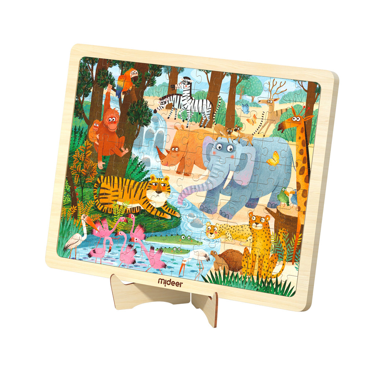 Drewniane puzzle zwierzęta dżungla na stojaku z kolorowymi ilustracjami dzikich zwierząt