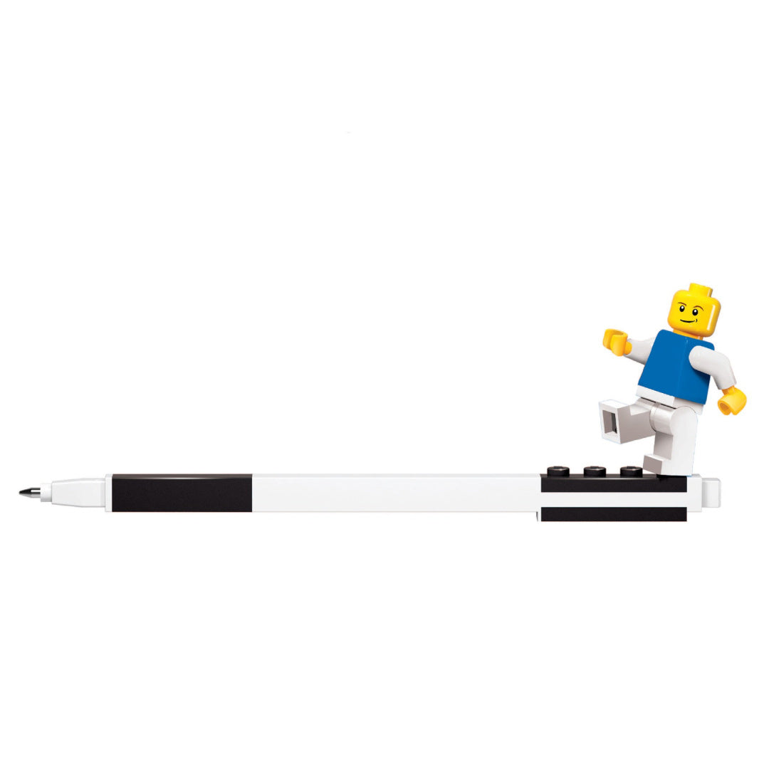 długopis żelowy LEGO czarny z figurką LEGO i białą obudową z czarnymi detalami