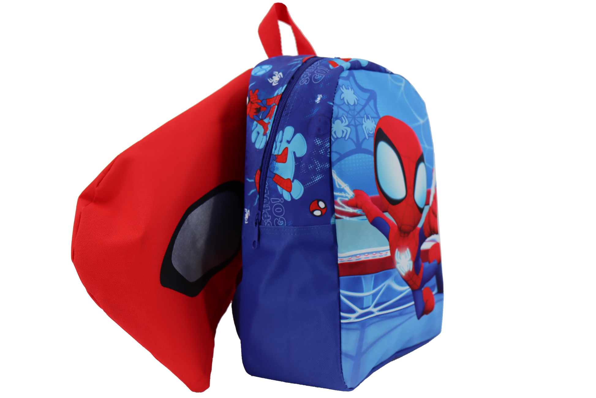 Colorful Spidey backpack for kids with Spider-Man character print and red handle