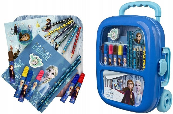 Rolling suitcase FROZEN with a set of colorful markers and school accessories
