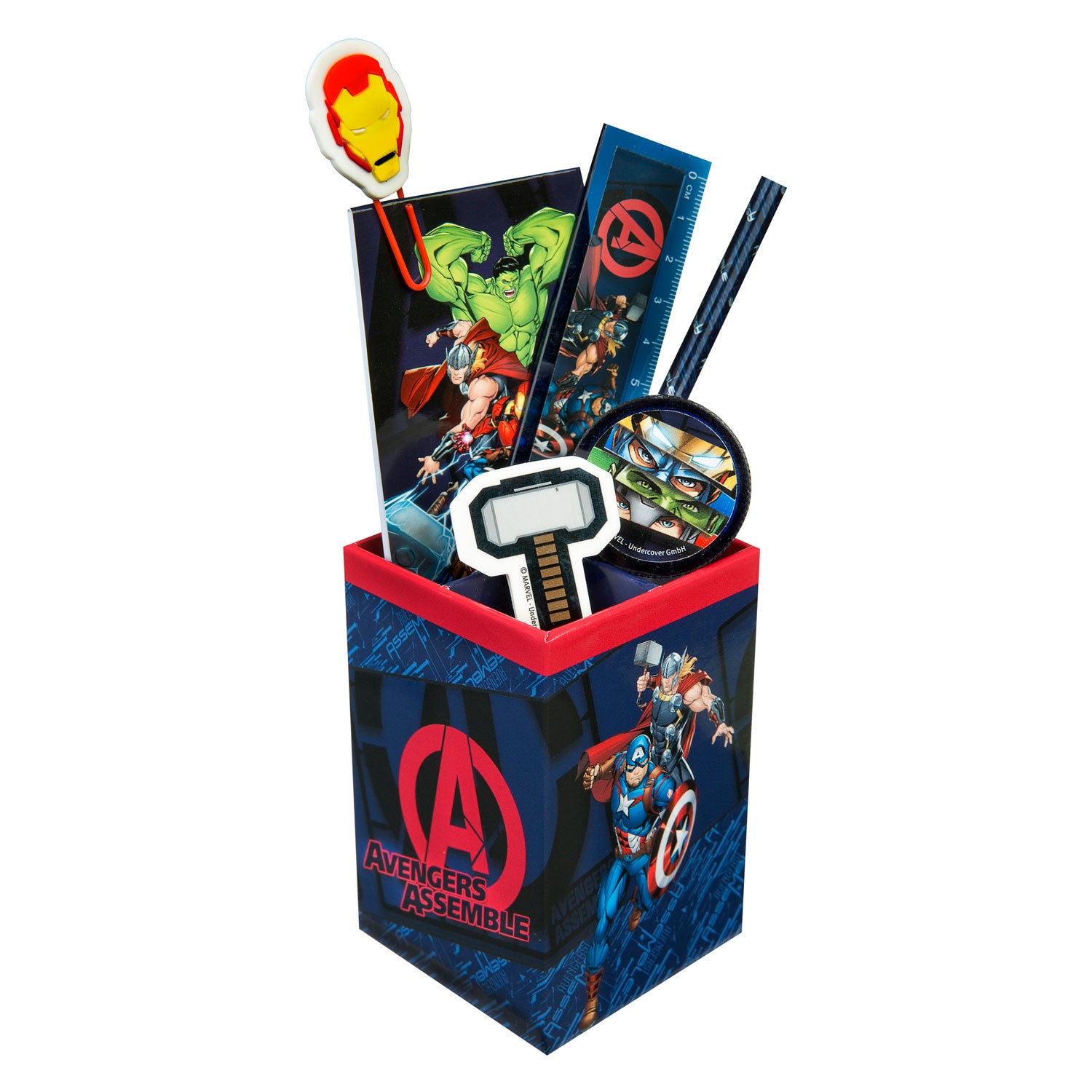 Das Schulmaterialset Avengers in einem Etui mit Grafiken von Superheldenfiguren BV JACOB COMPANY