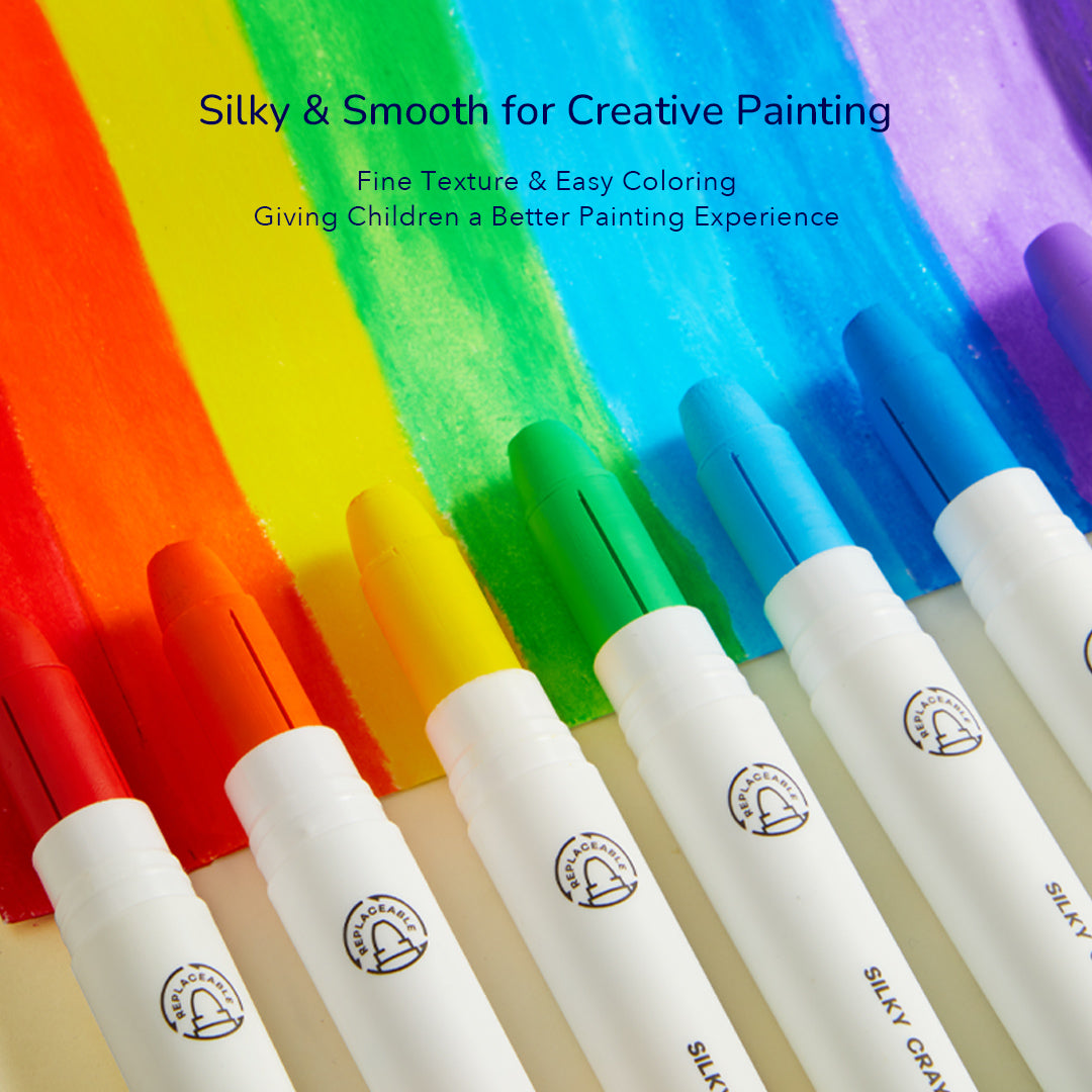 Cubeta de lápices suaves y lavables silky crayons mideer – 12 colores