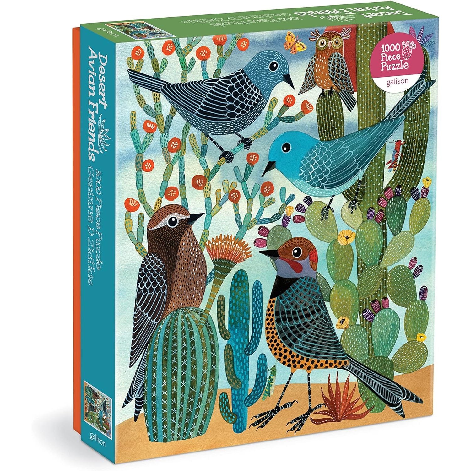 Puzzle Galison 1000 elementów z kolorowymi ptakami na tle pustyni z kaktusami