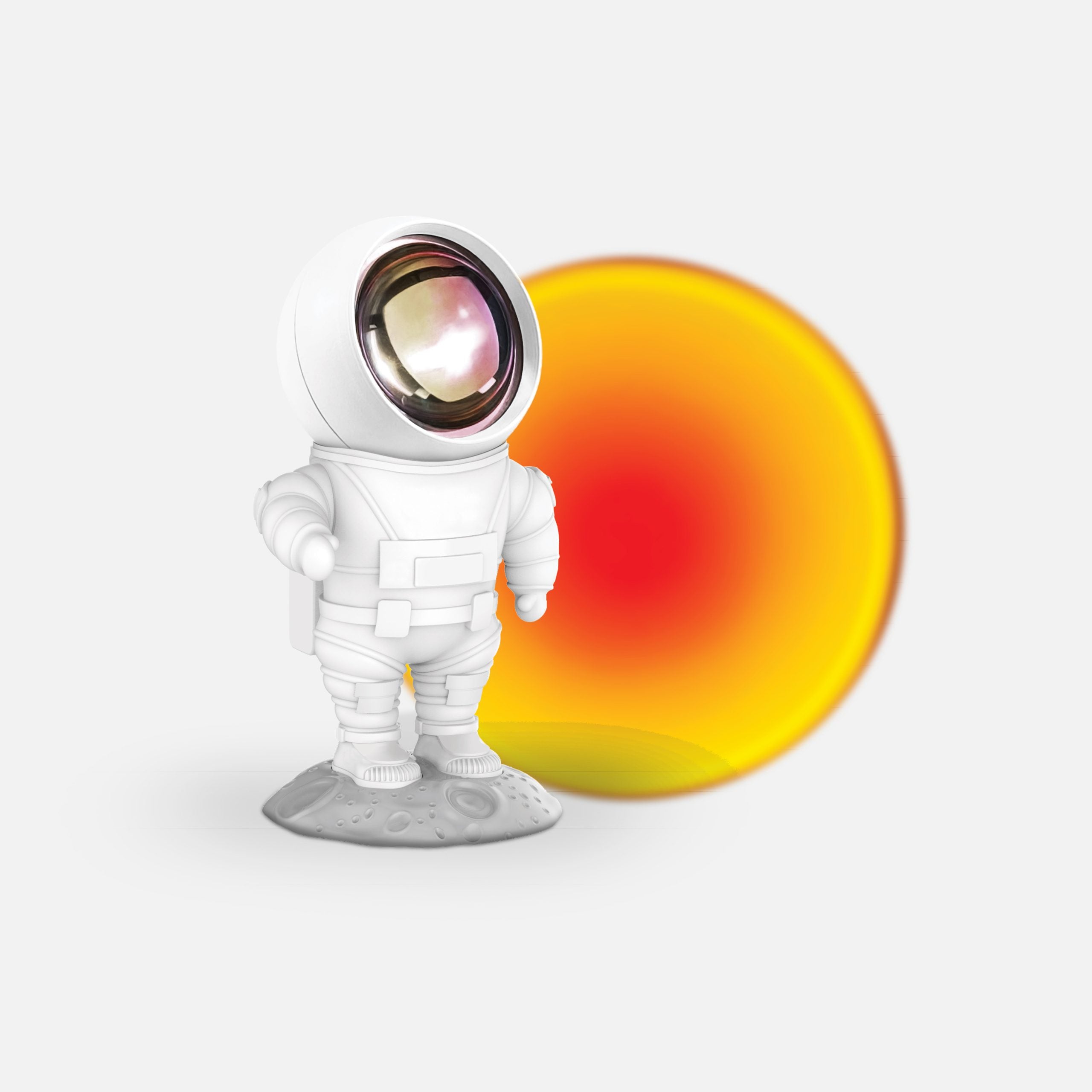 Lampka projekcyjna astronauta w białym skafandrze stojąca na księżycowej powierzchni z ciepłym światłem