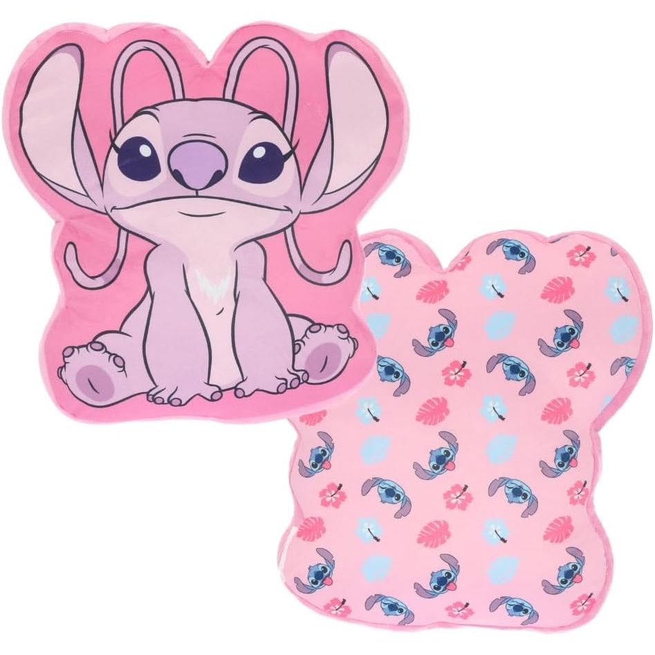 Cuscino rosa Lilo e Stitch Angel con motivo della figura e design di fiori e cuori
