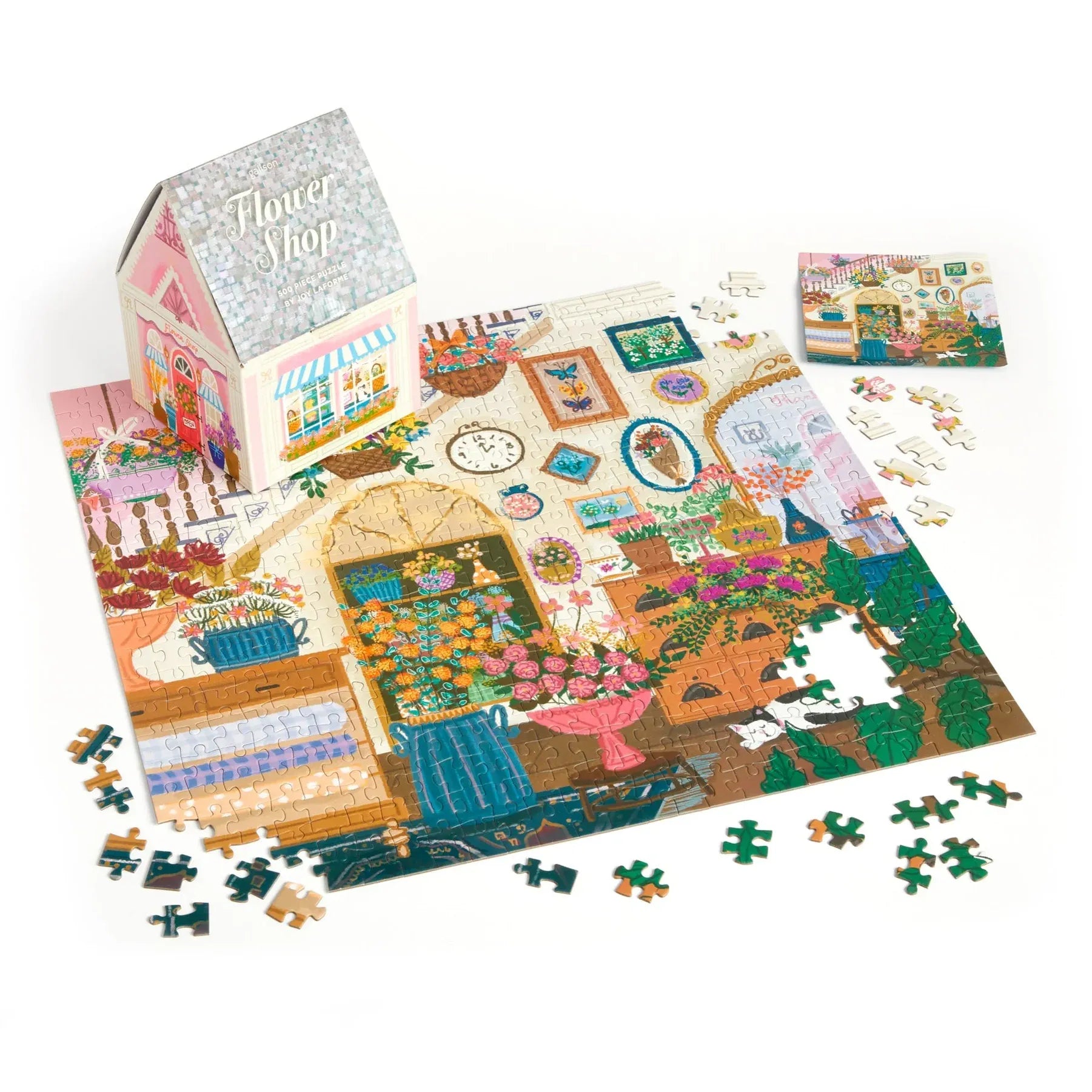 Puzzle kwiaciarnia 500 elementów Galison z kolorowym obrazem kwiaciarni i pudełkiem w kształcie domu