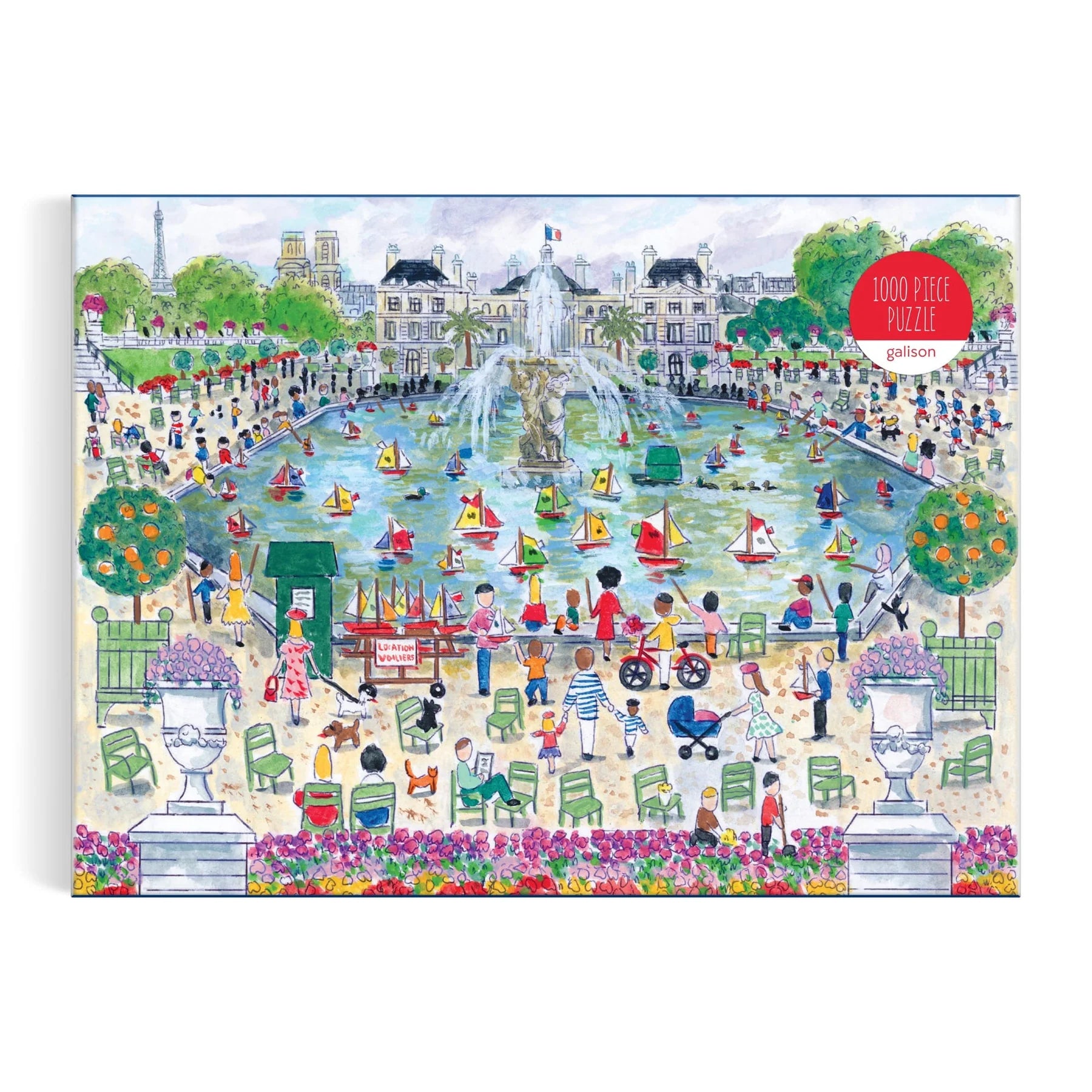 Puzzle 1000 elementów wiosna przedstawiające scenę parku z fontanną i kolorowymi łódkami na wodzie