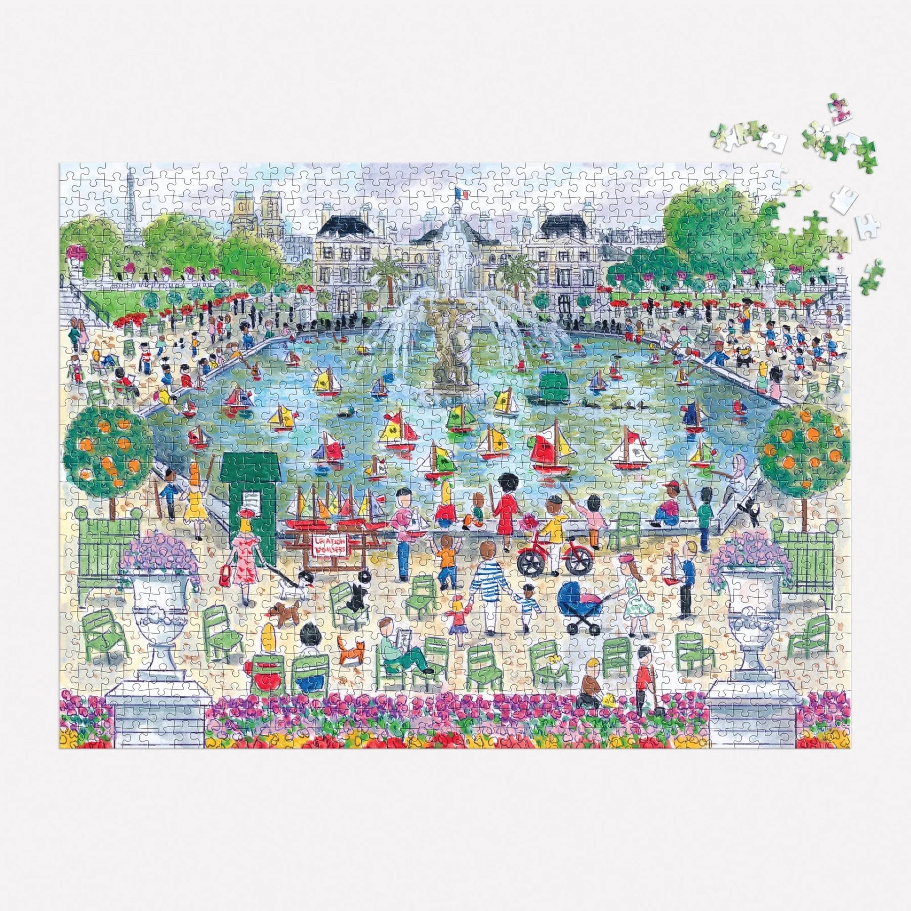 Puzzle 1000 elementów wiosna z ilustracją parku i fontanny pełnego ludzi i łodzi wiosennych
