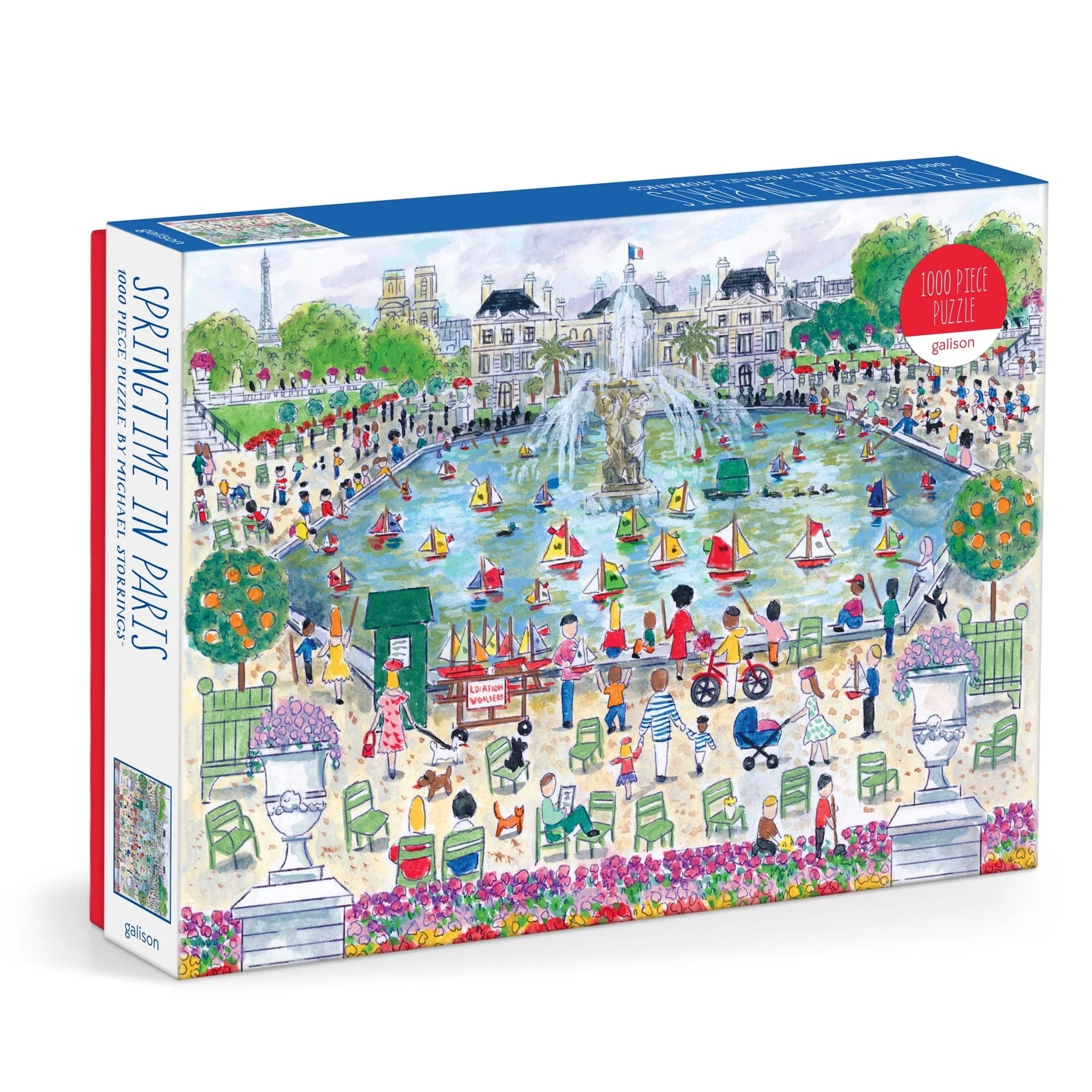 Puzzle 1000 elementów wiosna Galison z ilustracją wiosennego parku w Paryżu z fontanną i zabawkowymi żaglówkami