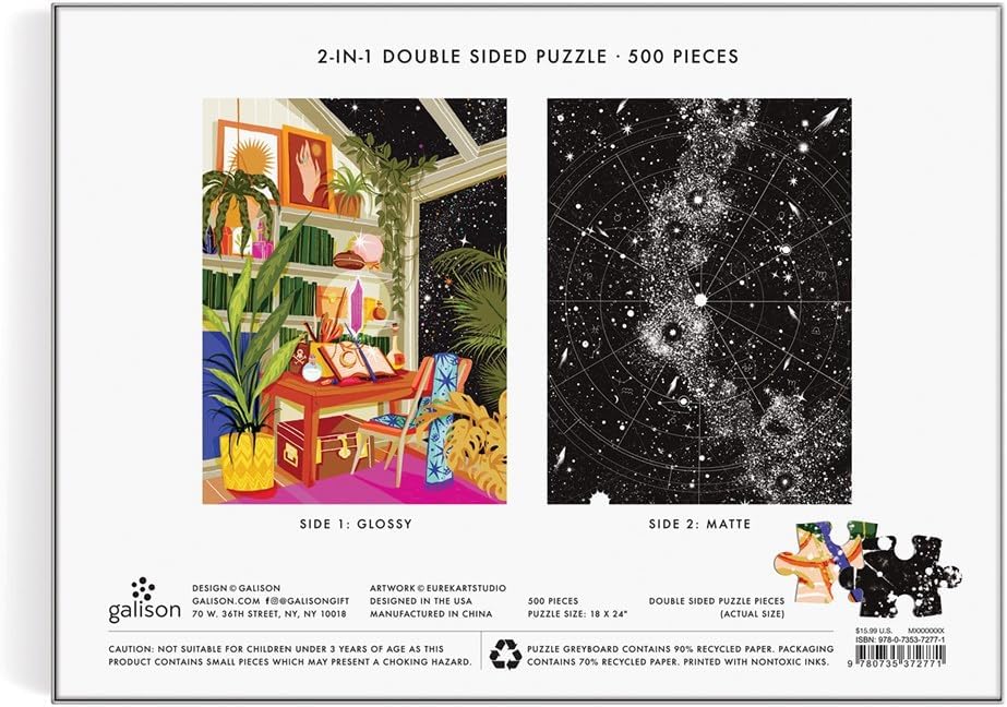 Puzzle 500 elementów Galison dwustronne z motywem kolorowego ogrodu i gwiazdnej mapy