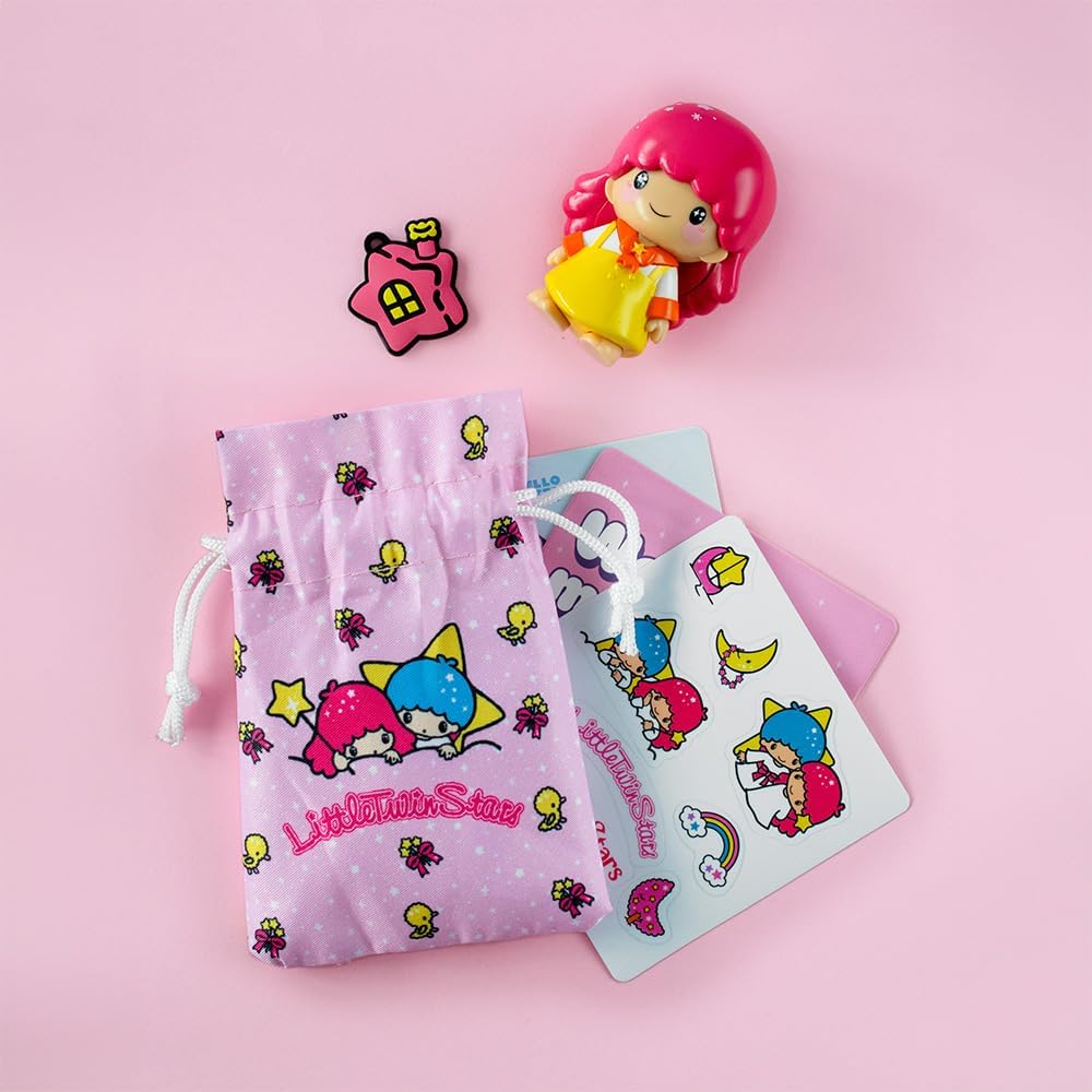 Hello Kitty kawaii figure along with a pink bag and Little Twin Stars stickers on a pink background