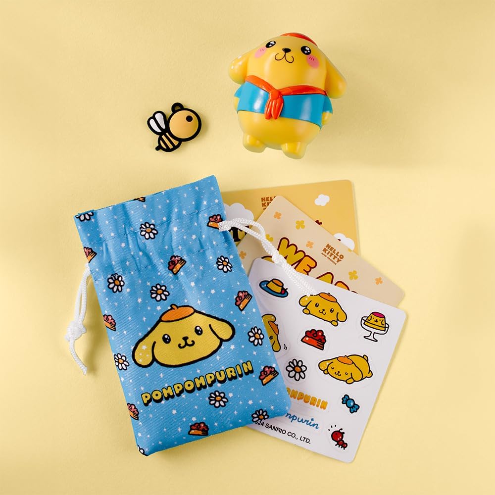 Hello Kitty Kawaii Style figure with Pompompurin theme along with a bag and collector cards.