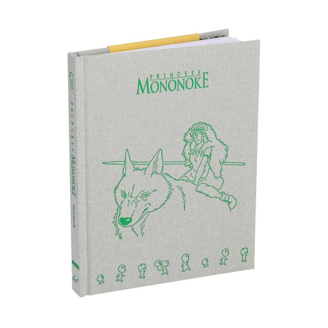 Notatnik Princess Mononoke w szarej twardej oprawie z zielonym nadrukiem postaci i wilka