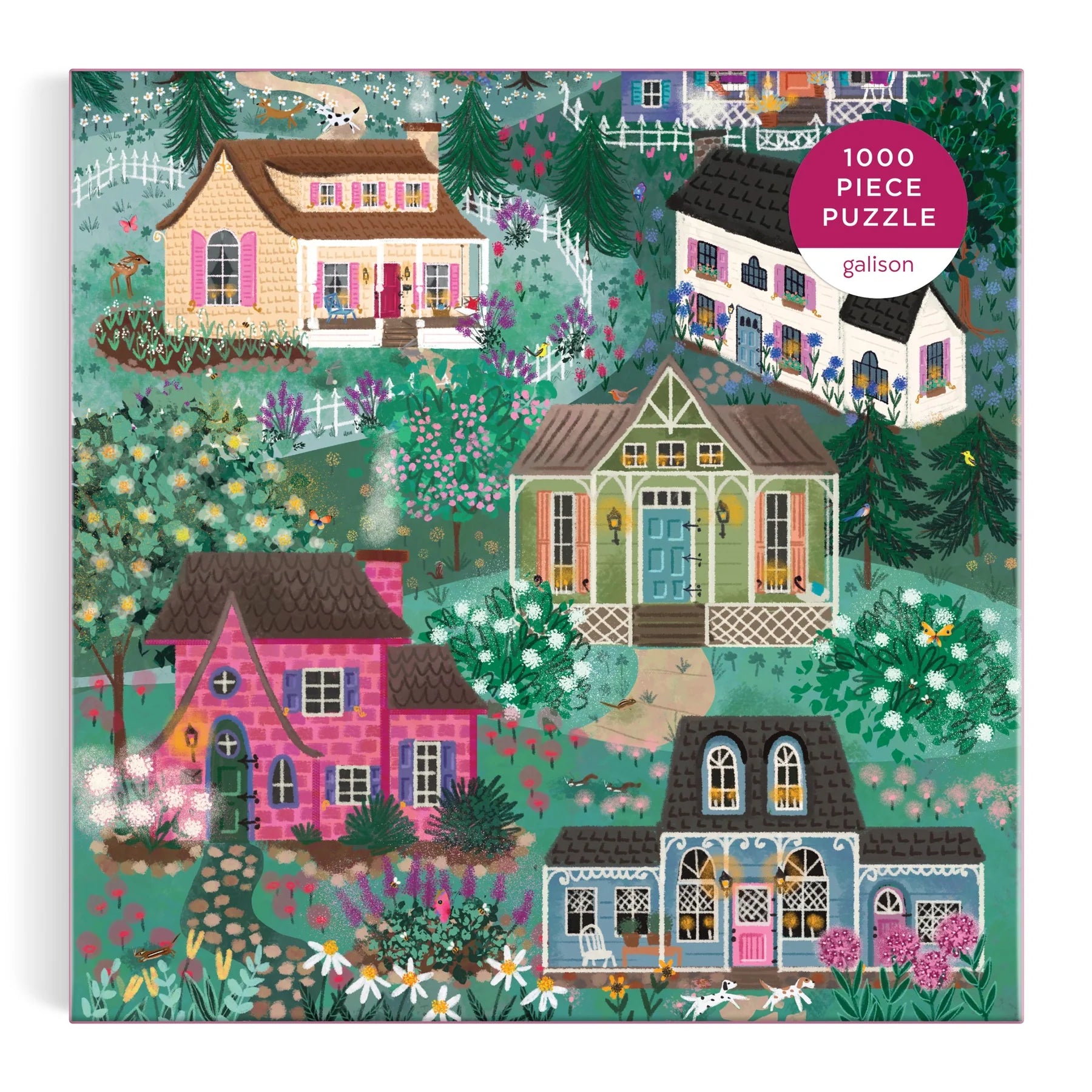 Puzzle Galison The Cottage Hill 1000 elementów z kolorowymi domkami i zielonym ogrodem
