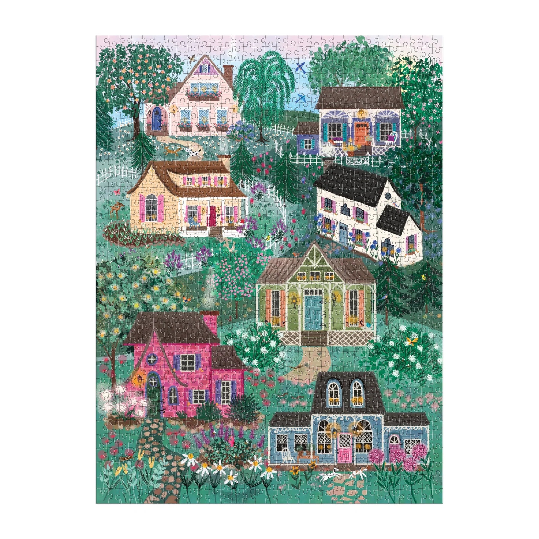 Puzzle Galison The Cottage Hill 1000 elementów przedstawiające malownicze domki na wzgórzu w ogrodzie