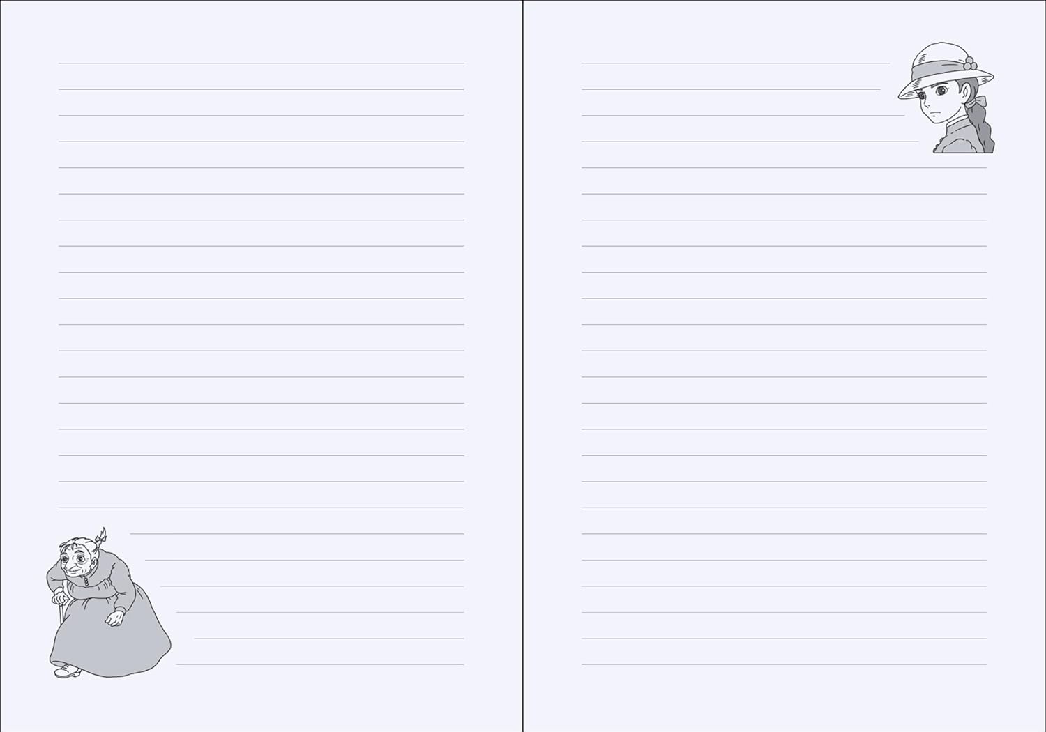 Dziennik Howl’s Moving Castle z ilustracjami postaci na linijkowanych stronach do zapisywania notatek