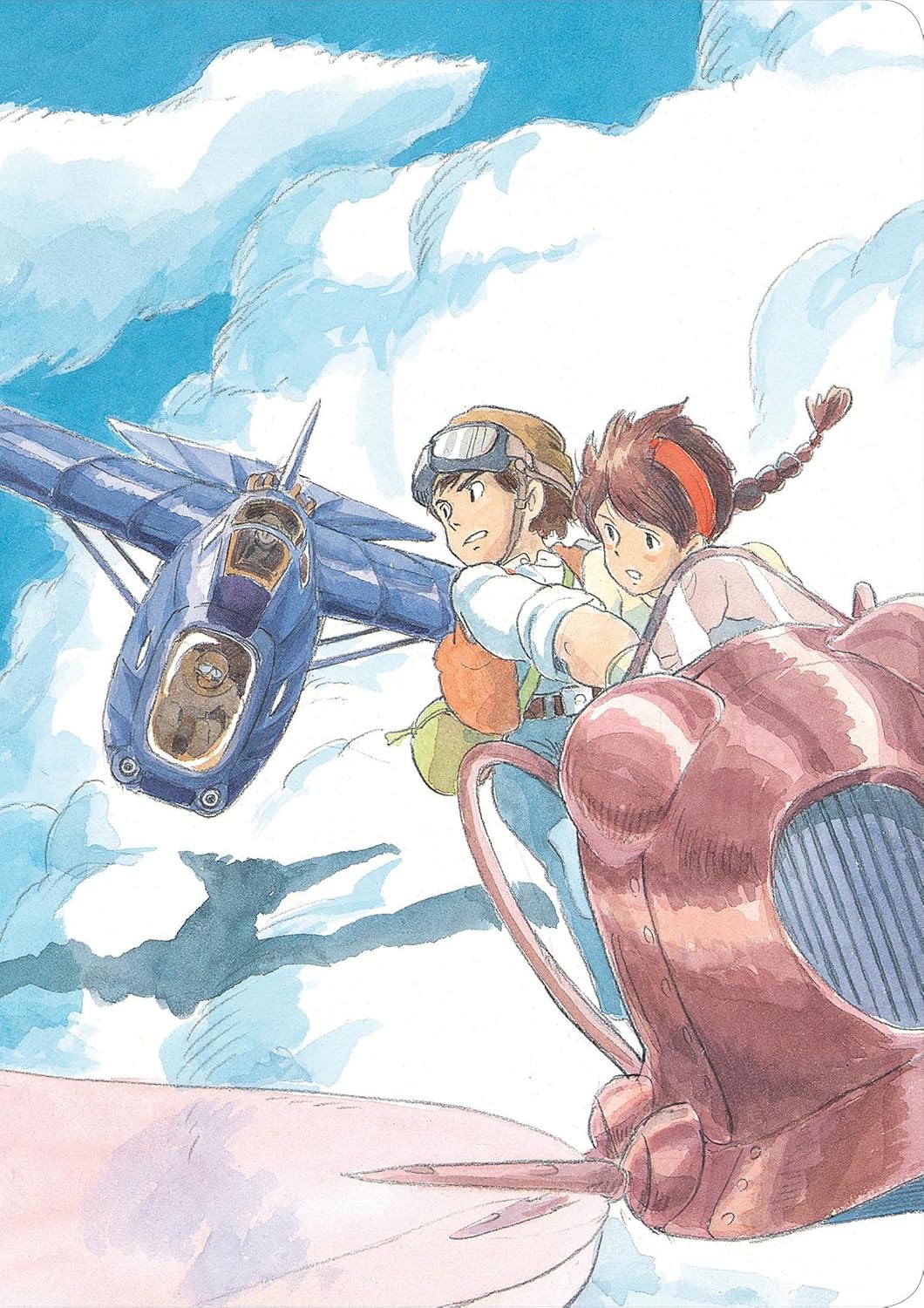 Ilustracja z filmu Studio Ghibli Castle in the Sky przedstawiająca postacie i latające maszyny w chmurach