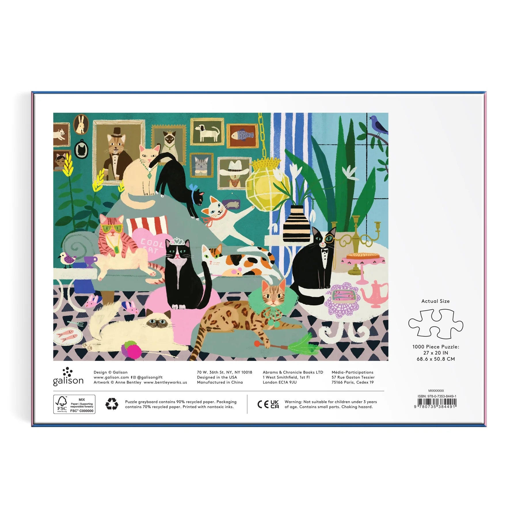 Puzzle koty 1000 elementów od Galison z ilustracją różnych kolorowych kotów w pokoju