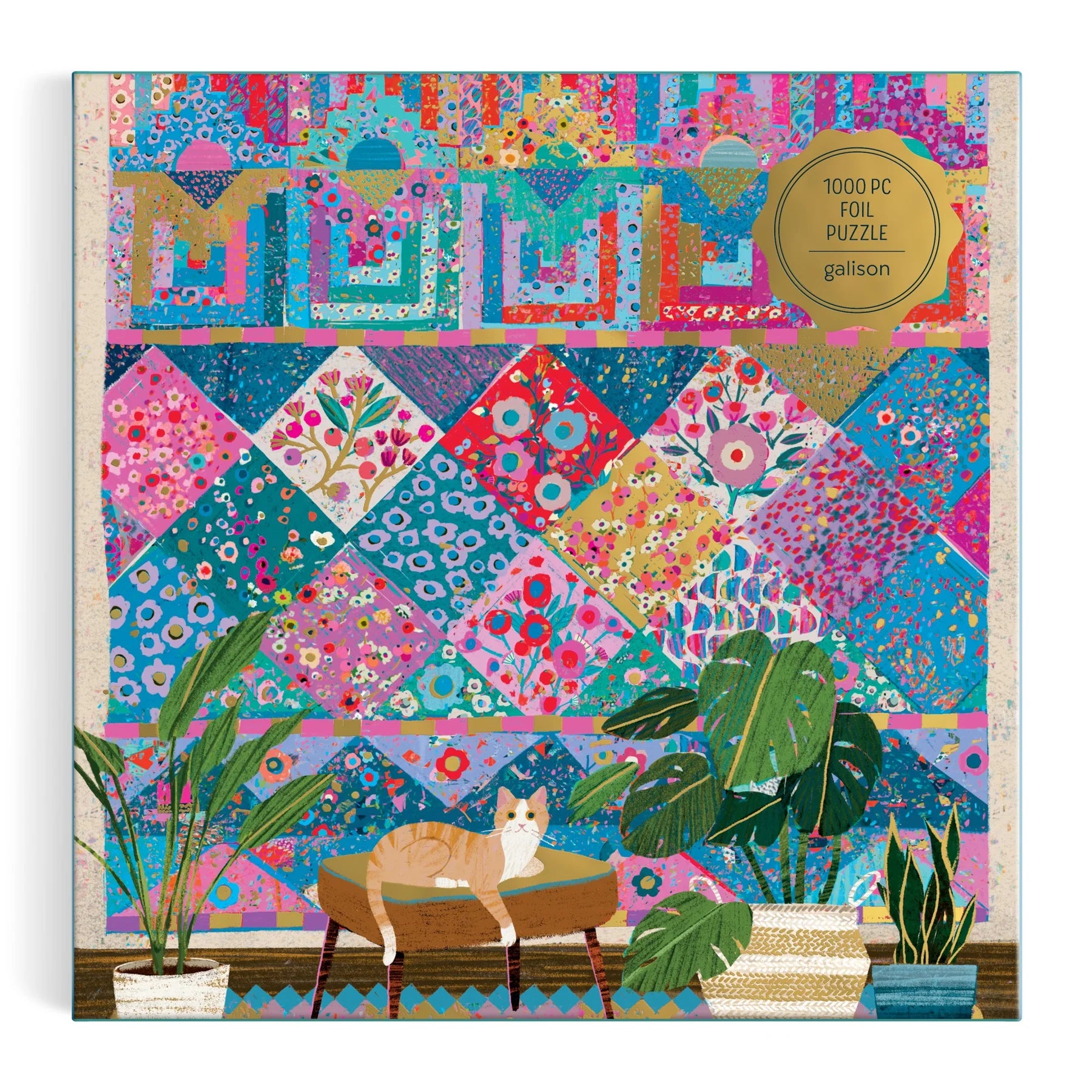 Kolorowe puzzle 1000 elementów dla dorosłych z motywem kwiatowym i kotem na stole