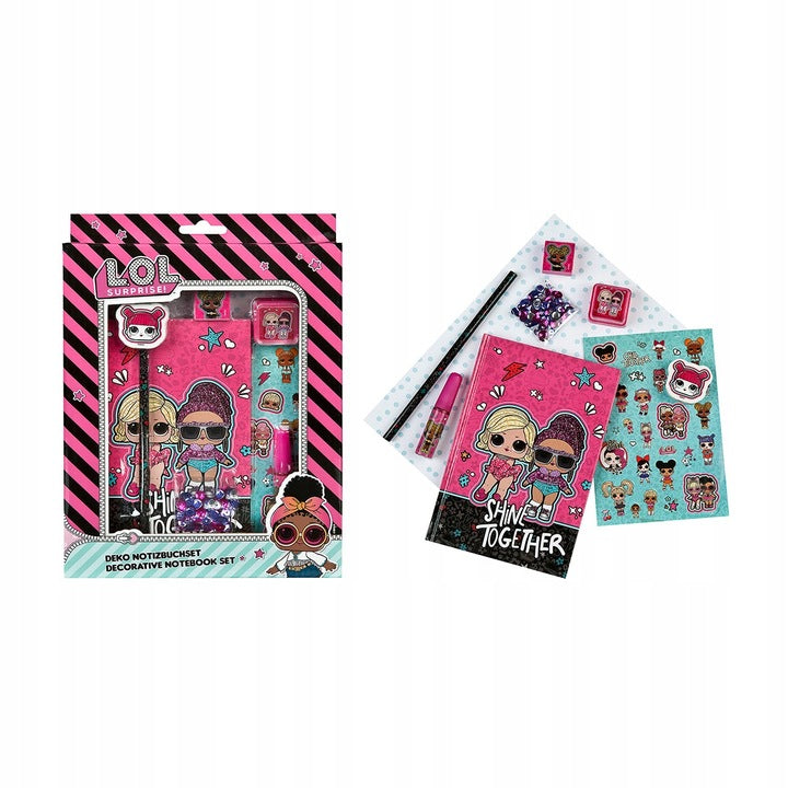 MOB LOL Surprise creative set with a notebook, stickers, and a pen for kids