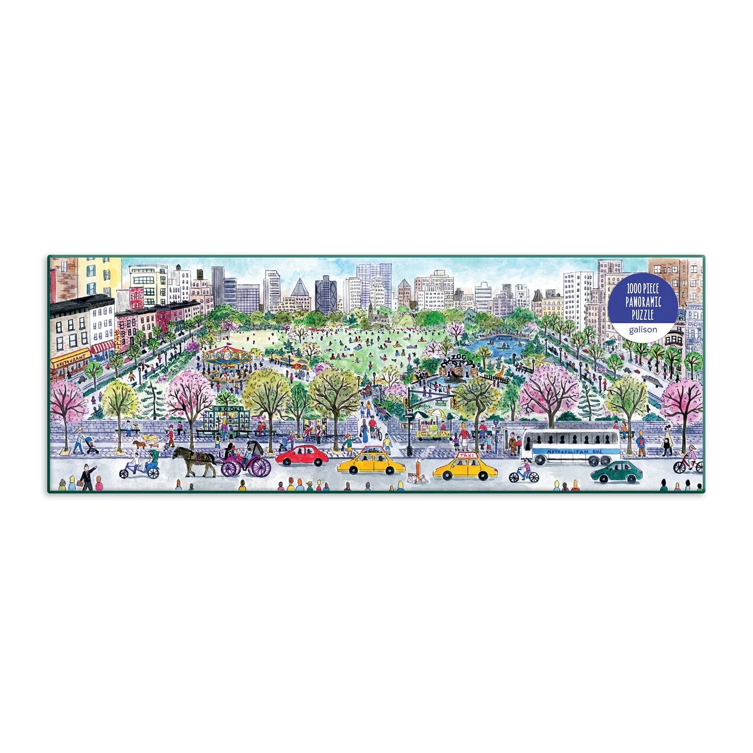 Puzzle 1000 elementów cityscape z ilustracją miejskiego parku i panoramą miasta marki Galison