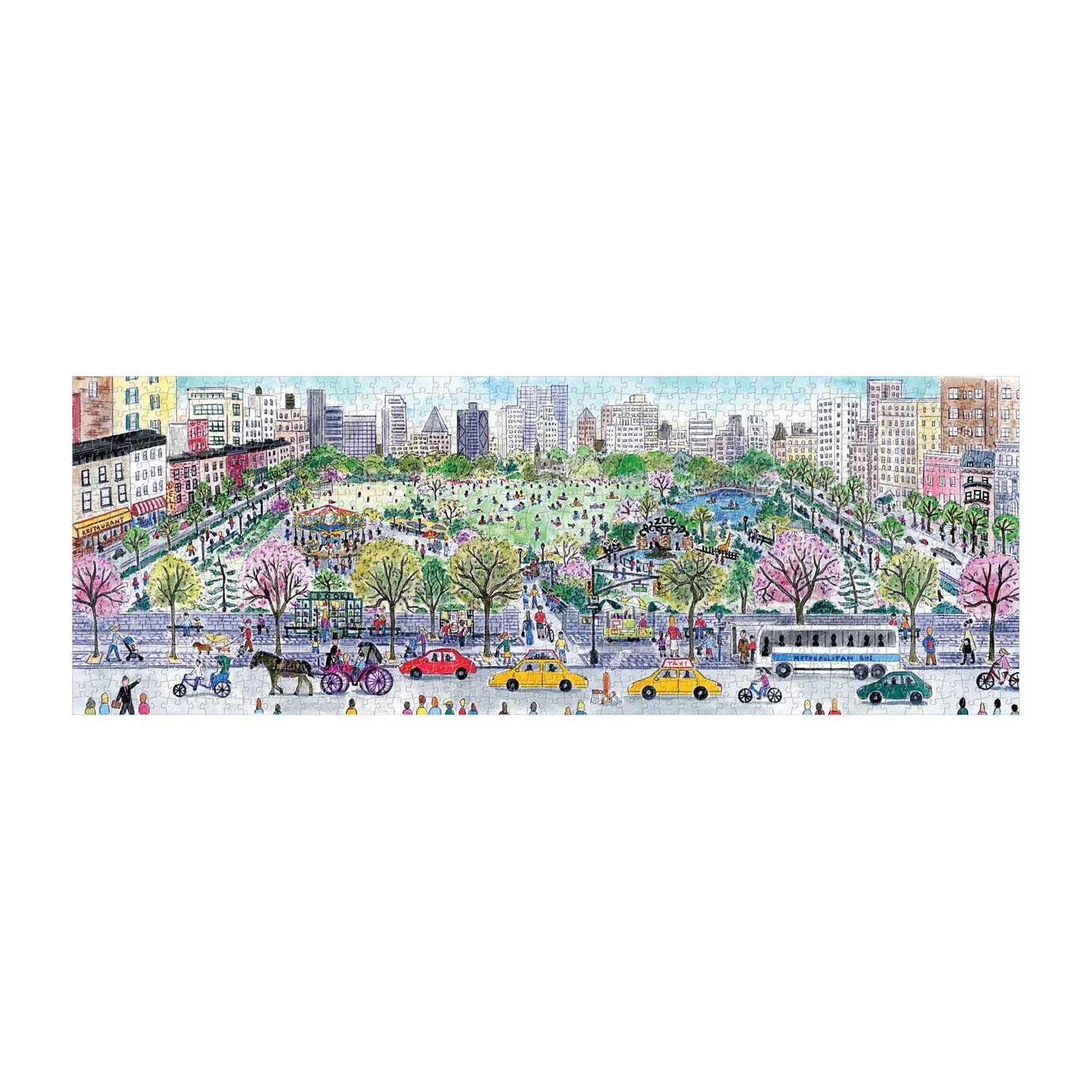 Puzzle 1000 elementów cityscape przedstawiające tętniące życiem miejskie parkowe otoczenie z budynkami i ulicą