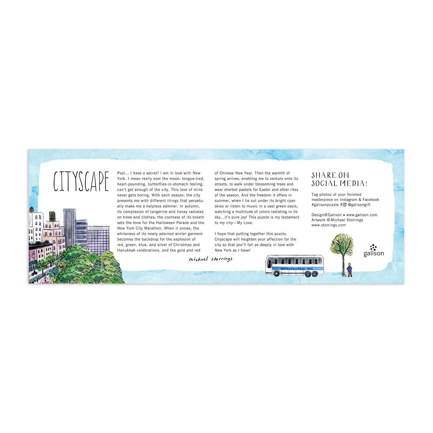 Galison puzzle 1000 elementów cityscape przedstawiające panoramę miasta z autobusem i zielenią