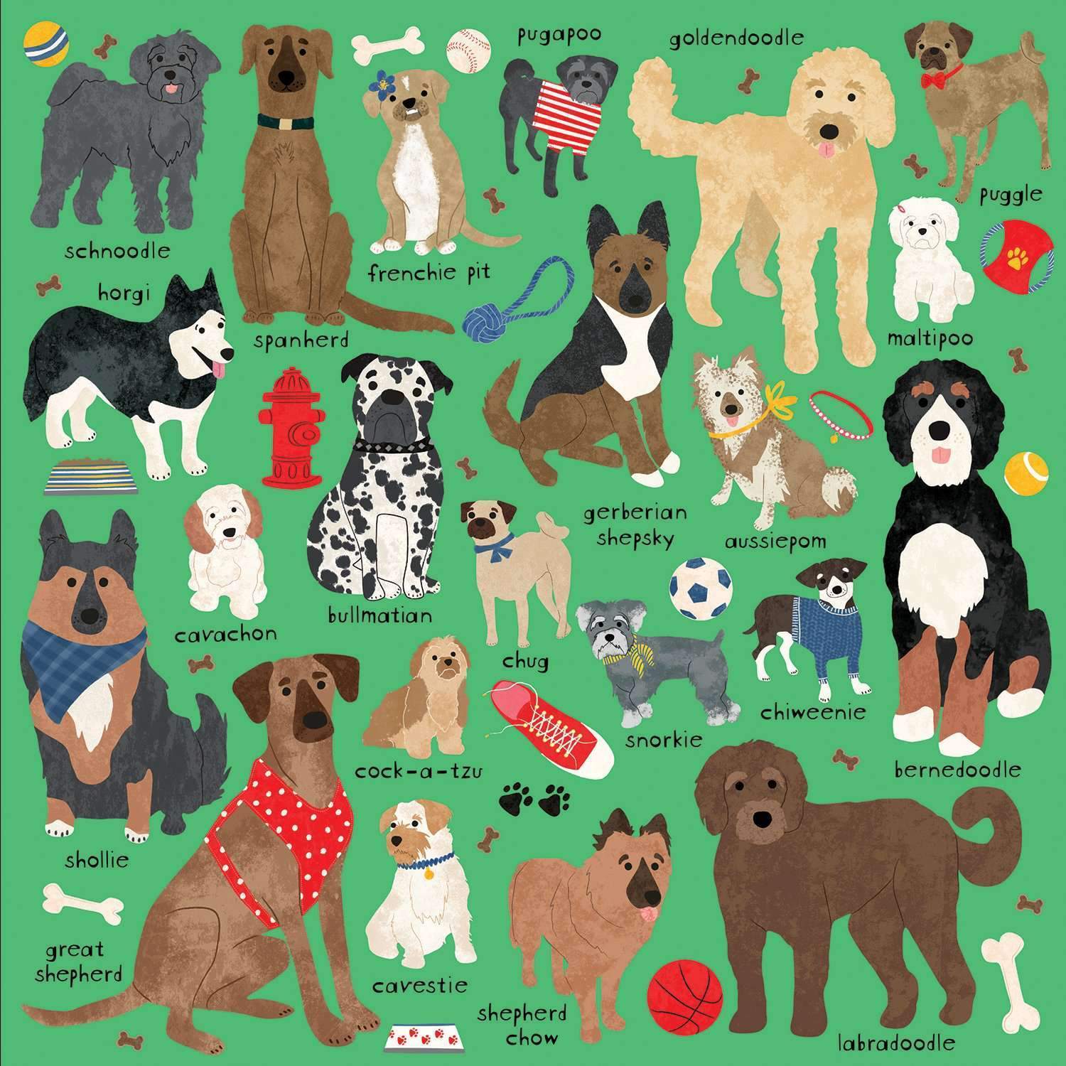 Kolorowe puzzle Mudpuppy psy 500 elementów z ilustracjami różnych ras psów na zielonym tle
