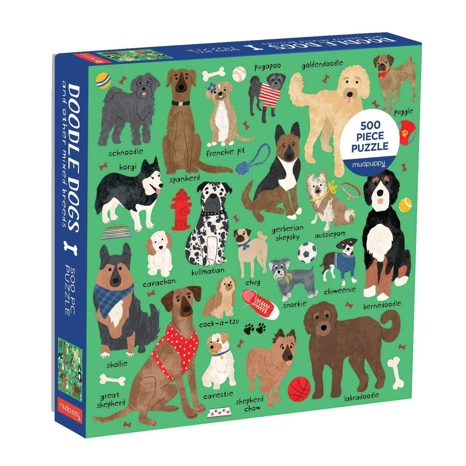 Puzzle Mudpuppy psy 500 elementów z kolorowymi ilustracjami różnych ras psów na zielonym tle