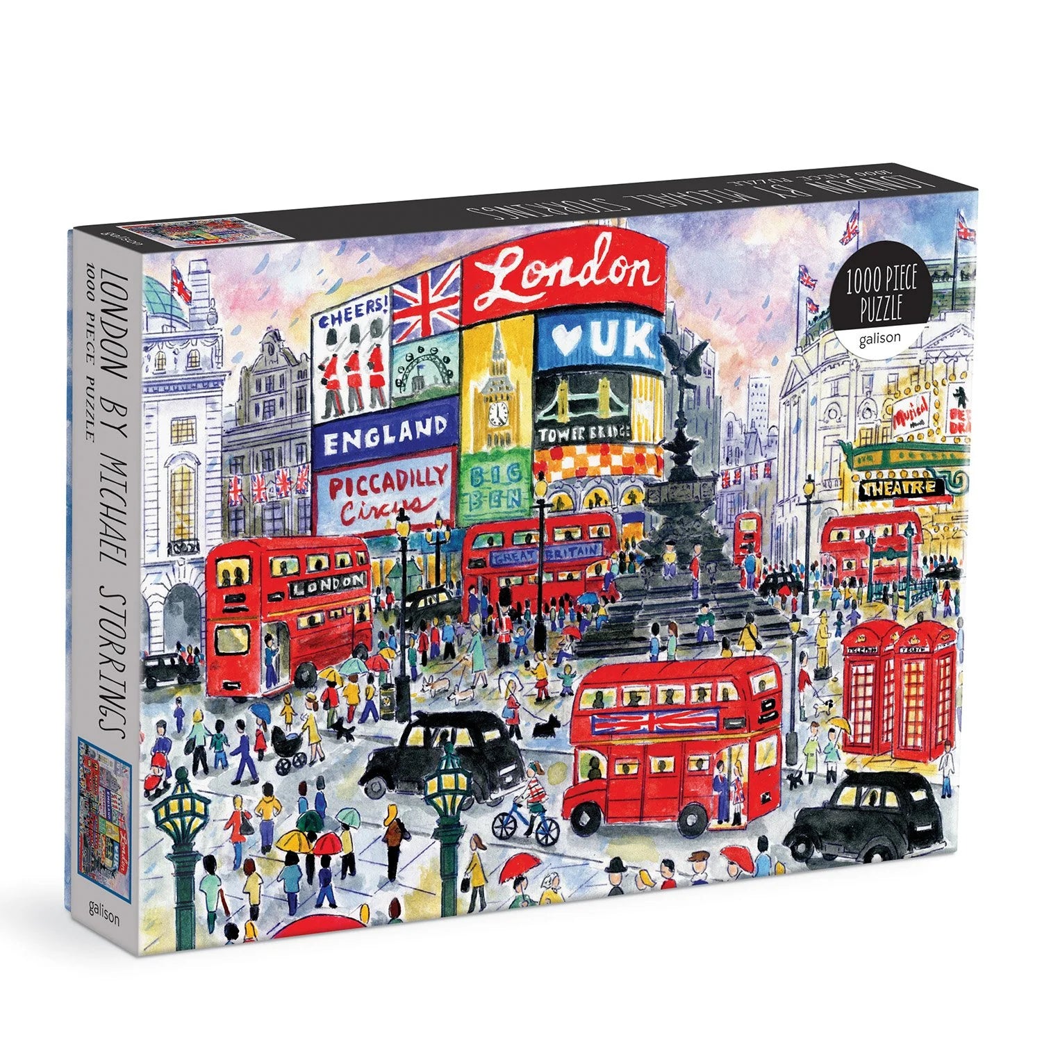 Puzzle Londyn 1000 elementów Galison z ilustracją miasta i czerwonymi autobusami piętrowymi