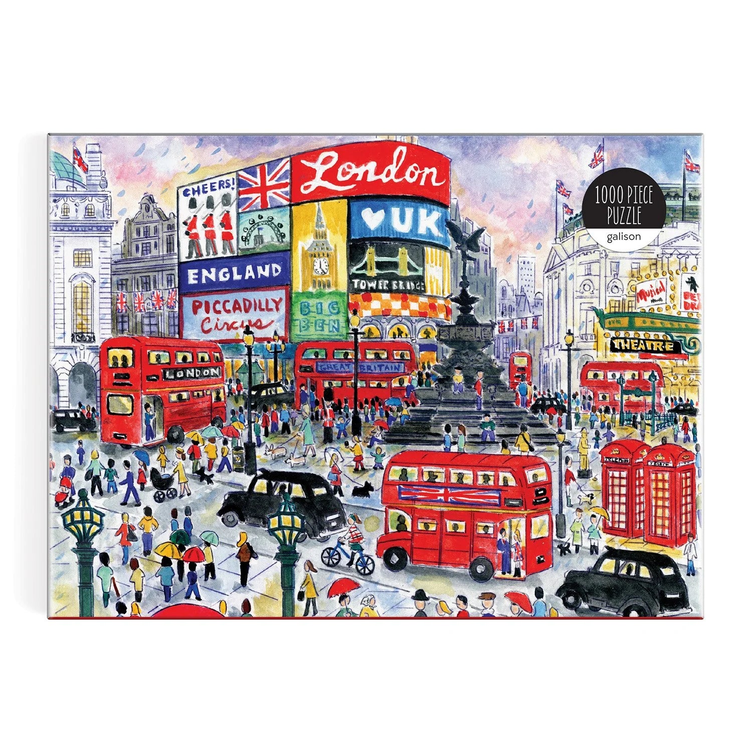 Puzzle Londyn 1000 elementów obrazek przedstawiający ruchliwe londyńskie ulice z czerwonymi autobusami i reklamami