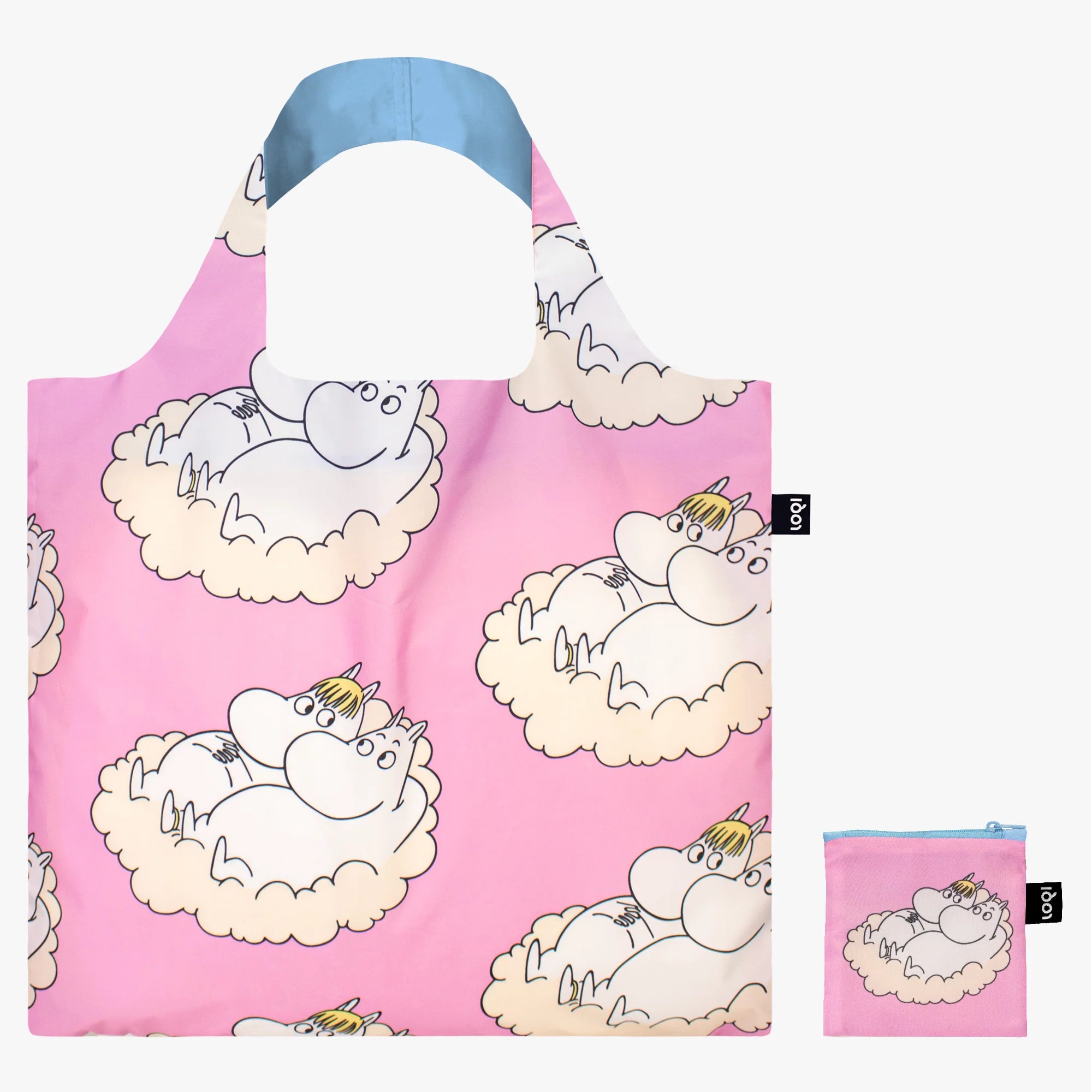 torba ekologiczna Moomin LOQI różowa z postaciami Muminków na chmurkach i niebieskimi uchwytami